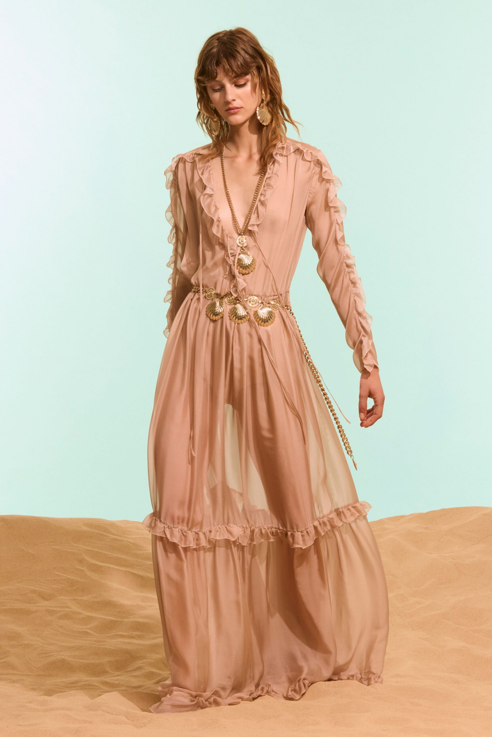 pink chiffon long-sleeve v-neck ruffled tiered maxi-dress