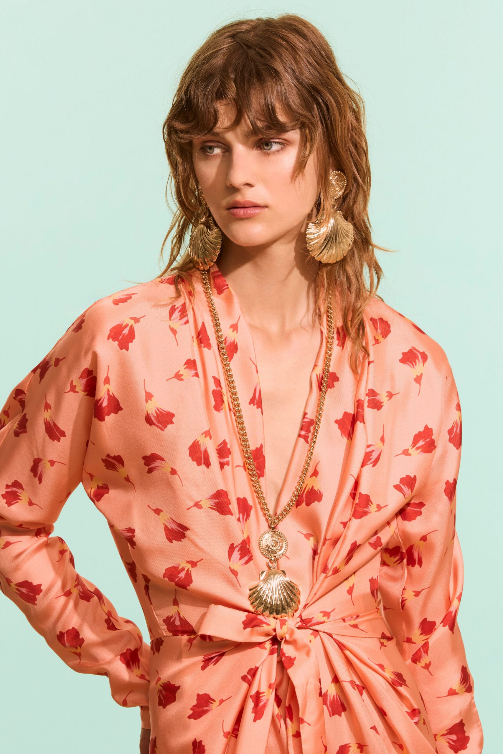 pink floral satin wrap dress