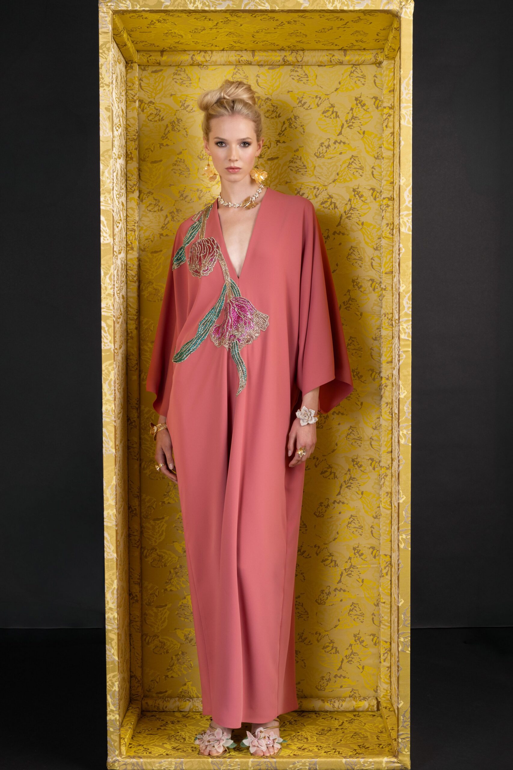 pink embroidered caftan-style jumpsuit