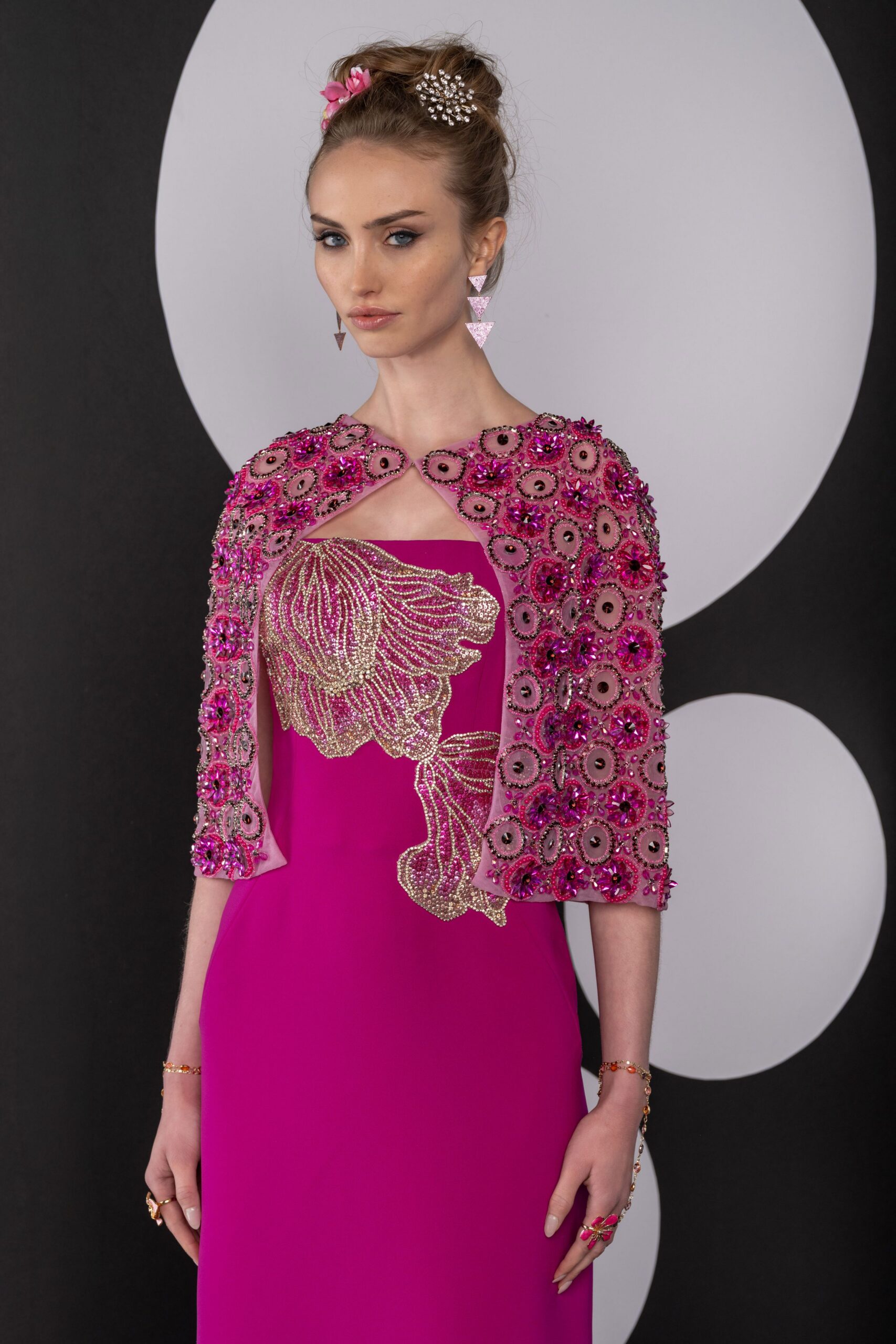pink butterfly motif strapless gown