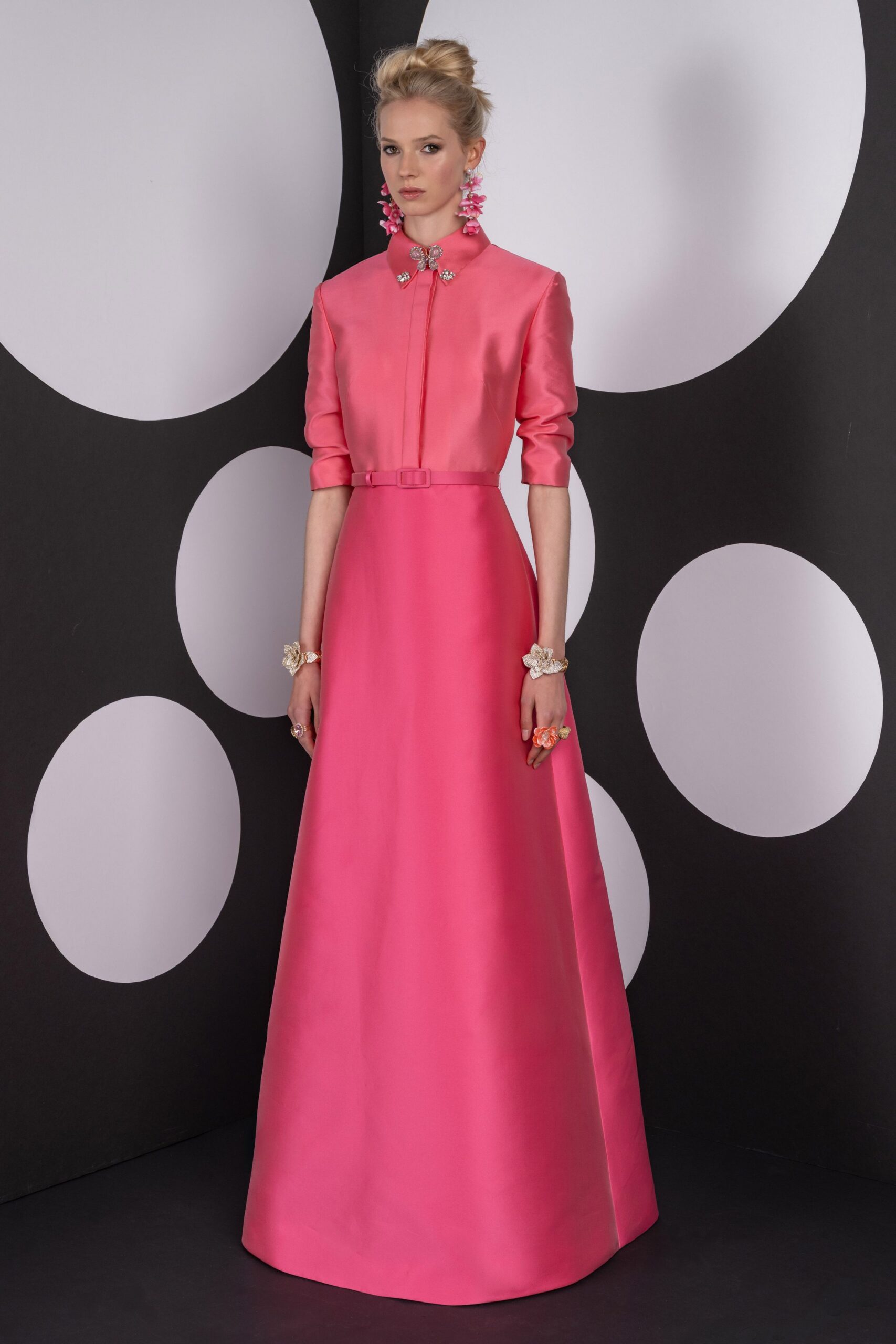 pink satin belted high-neck gown