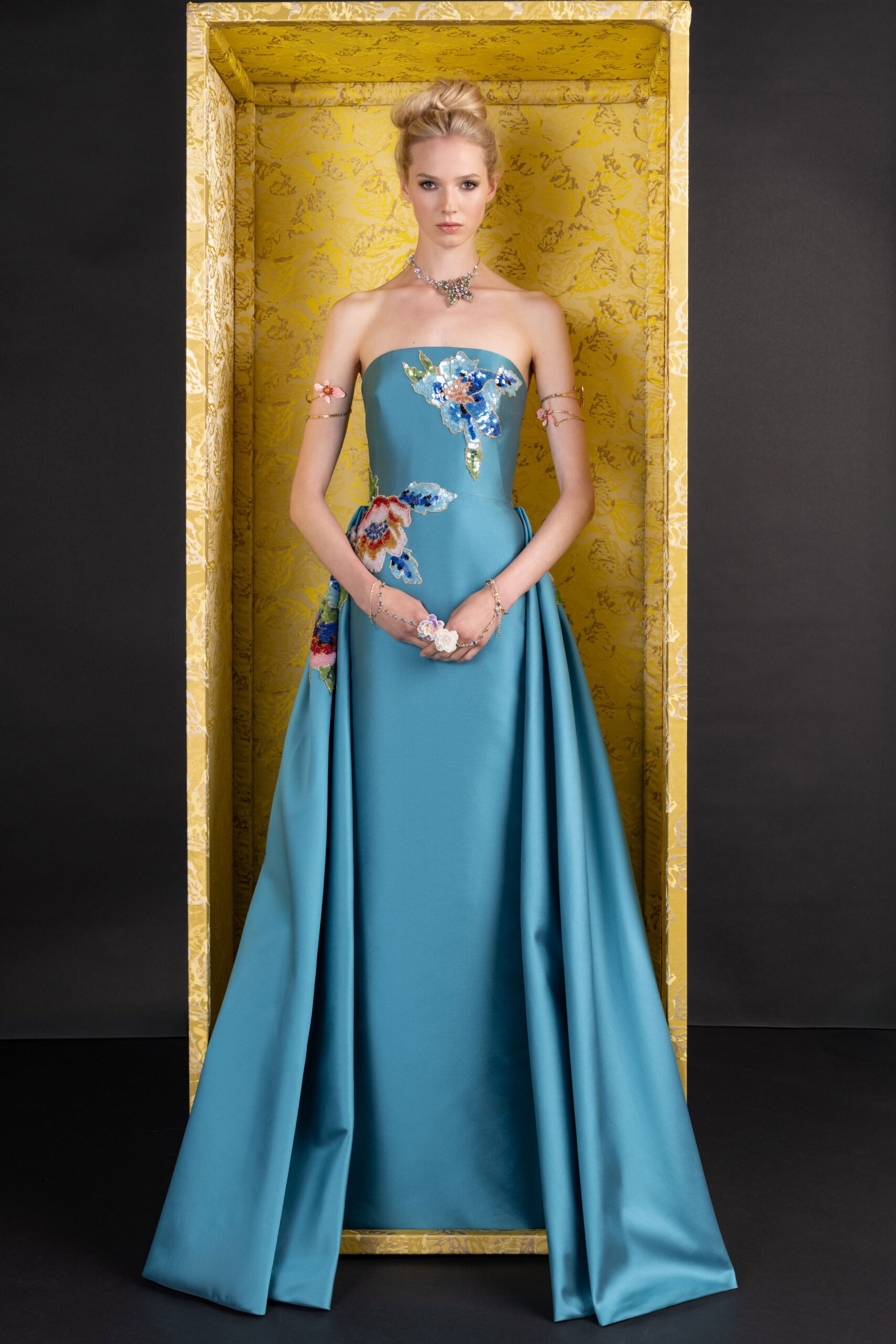 strapless blue floral embellished evening gown