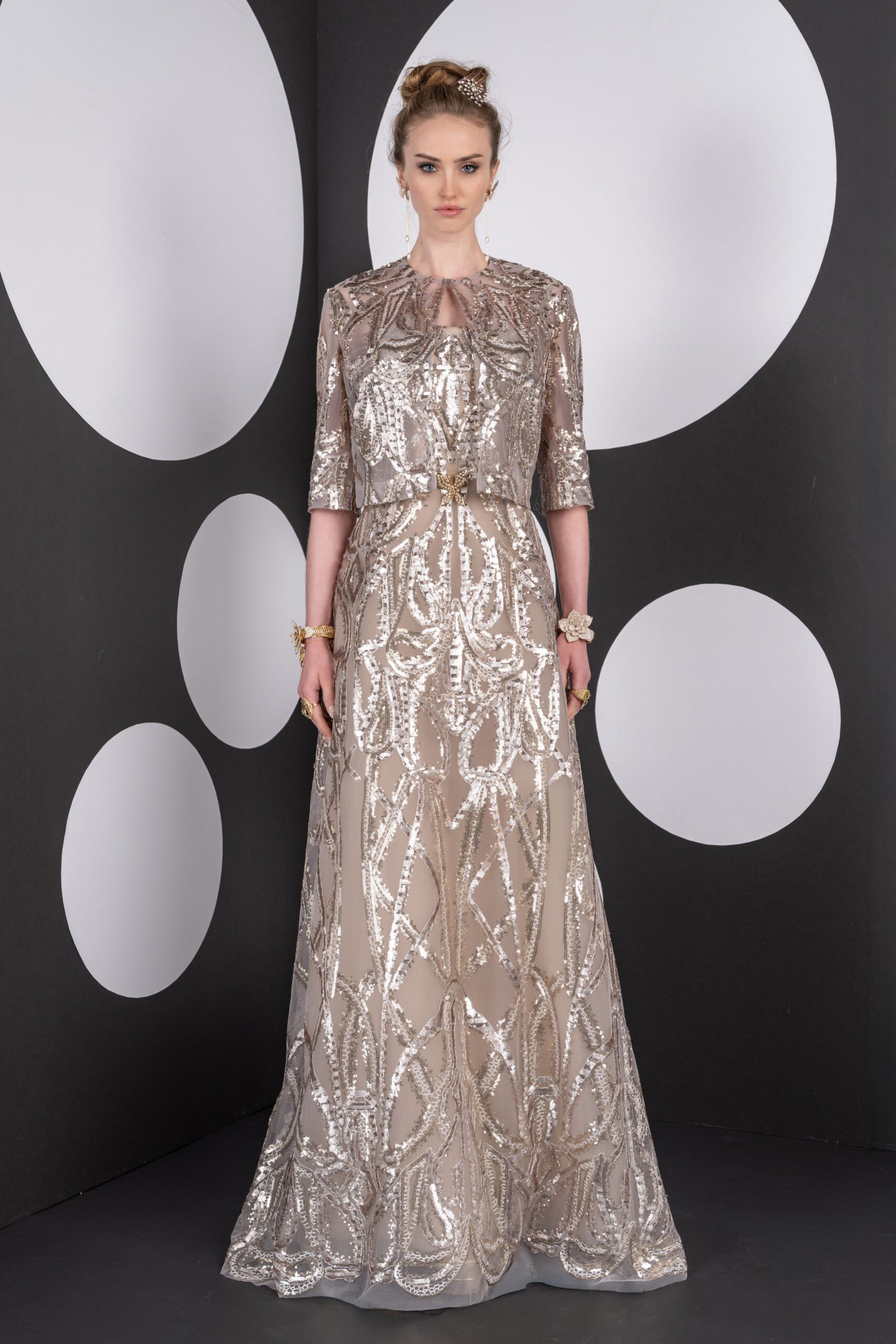 champagne sequined illusion evening gown
