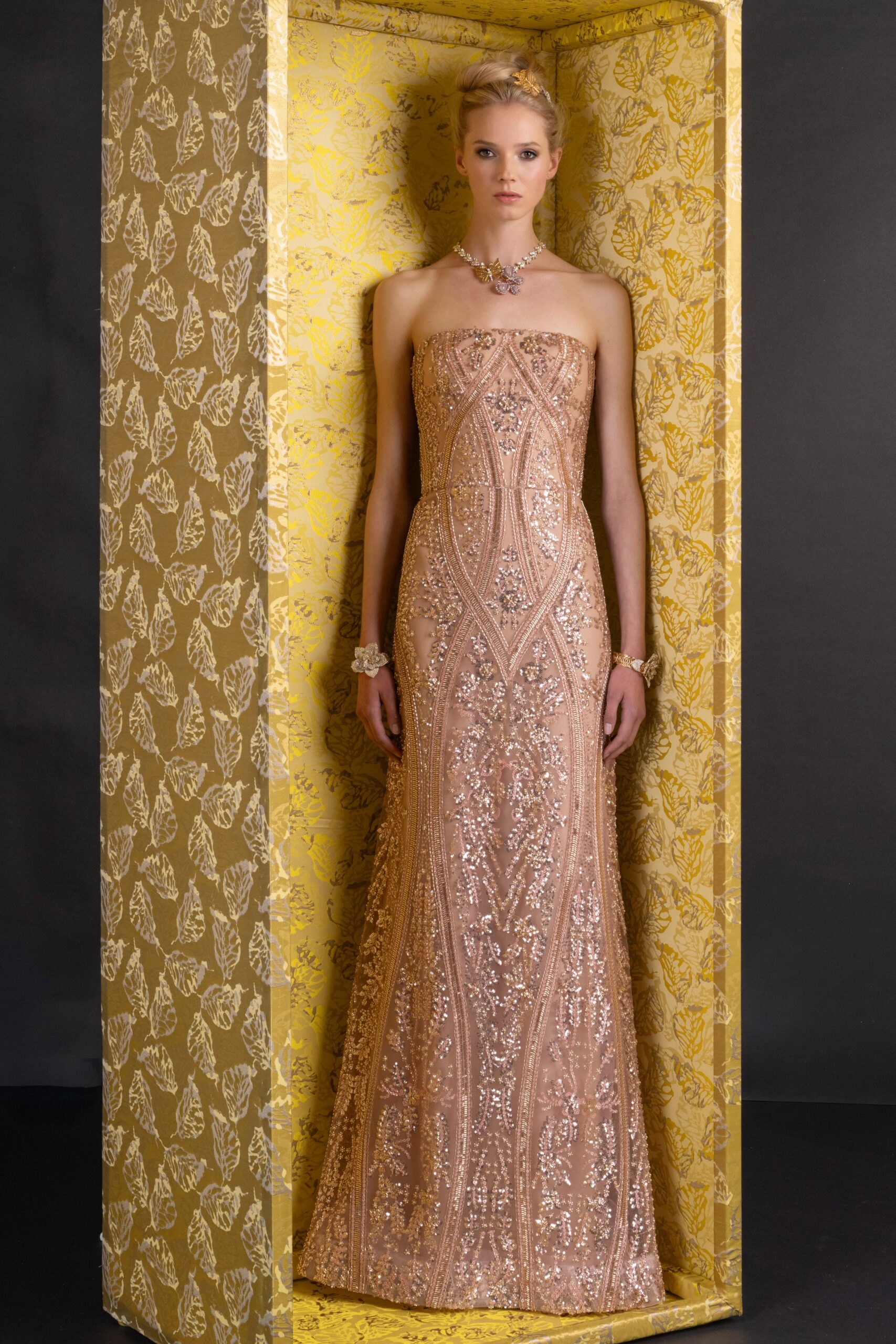 strapless embellished illusion evening gown