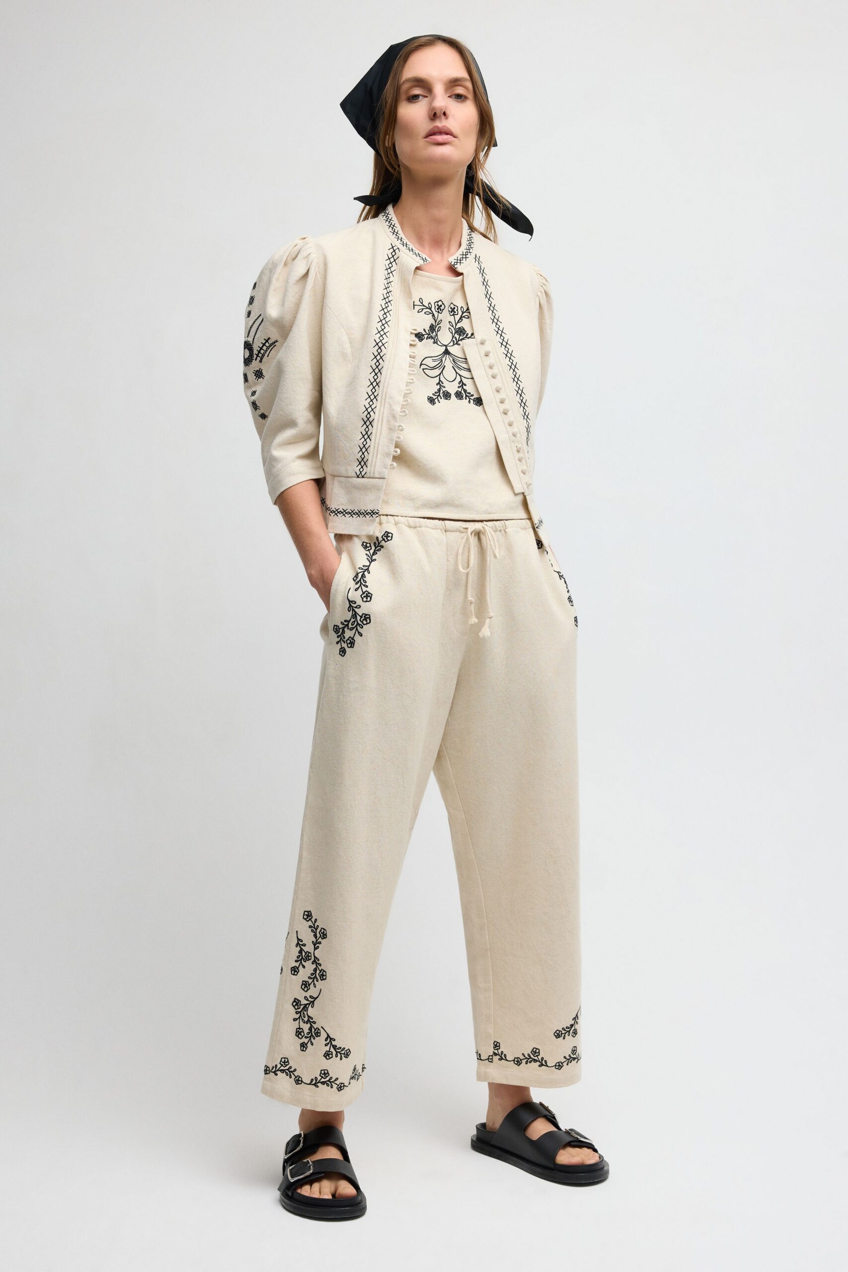 ivory unknown drawstring embroidered wide-leg pants