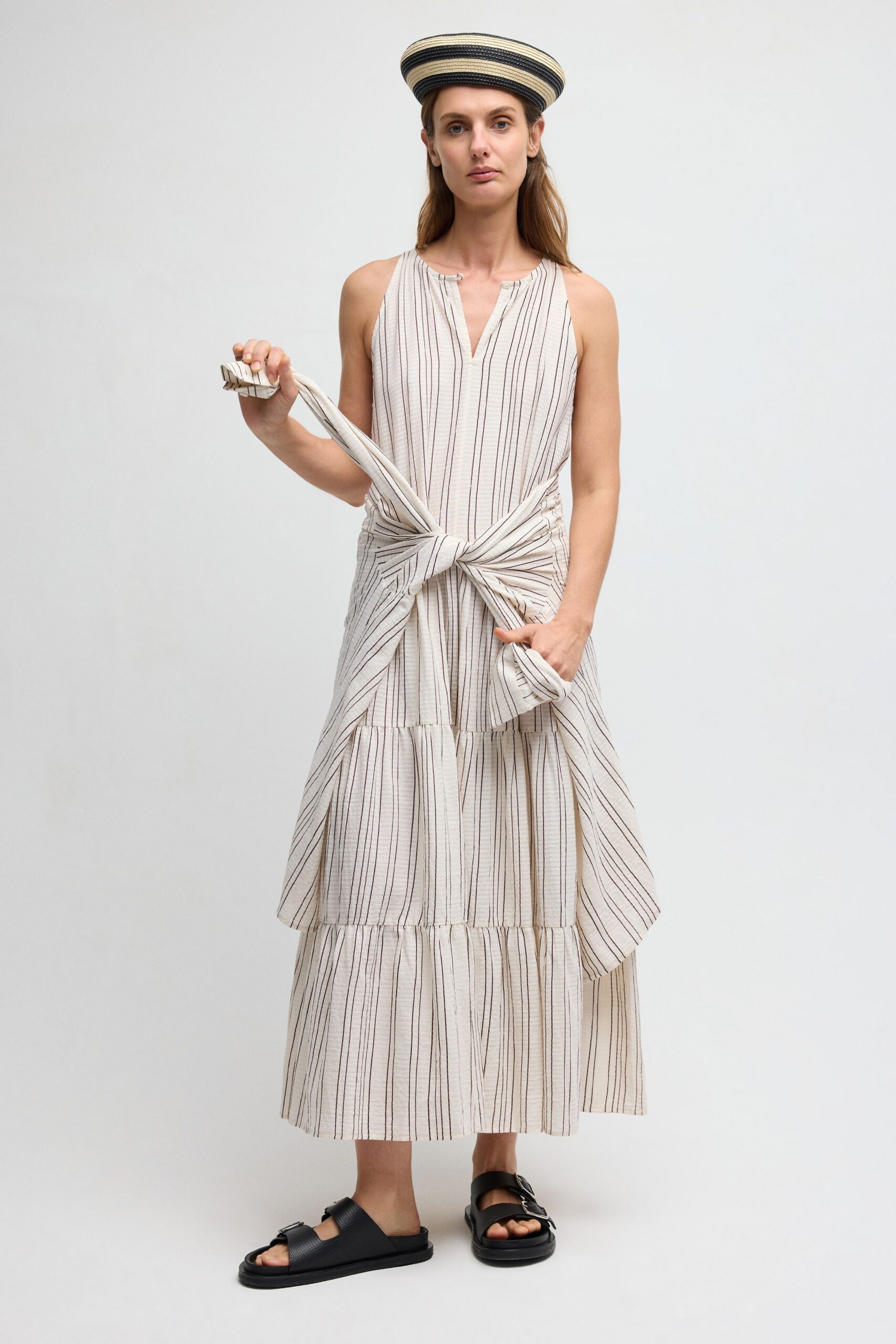striped tiered sleeveless maxi dress