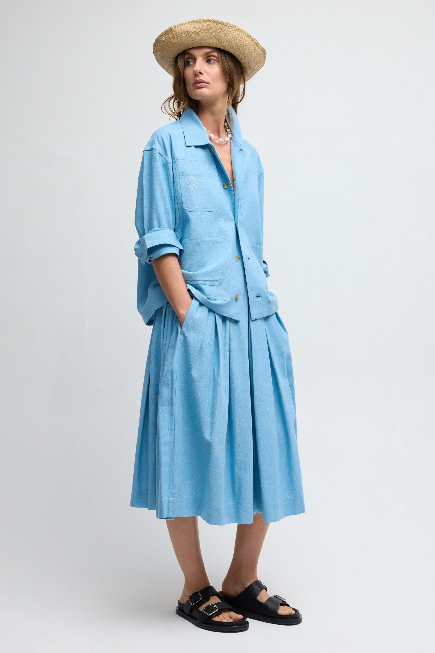 blue unknown pleated flowing midi skirt