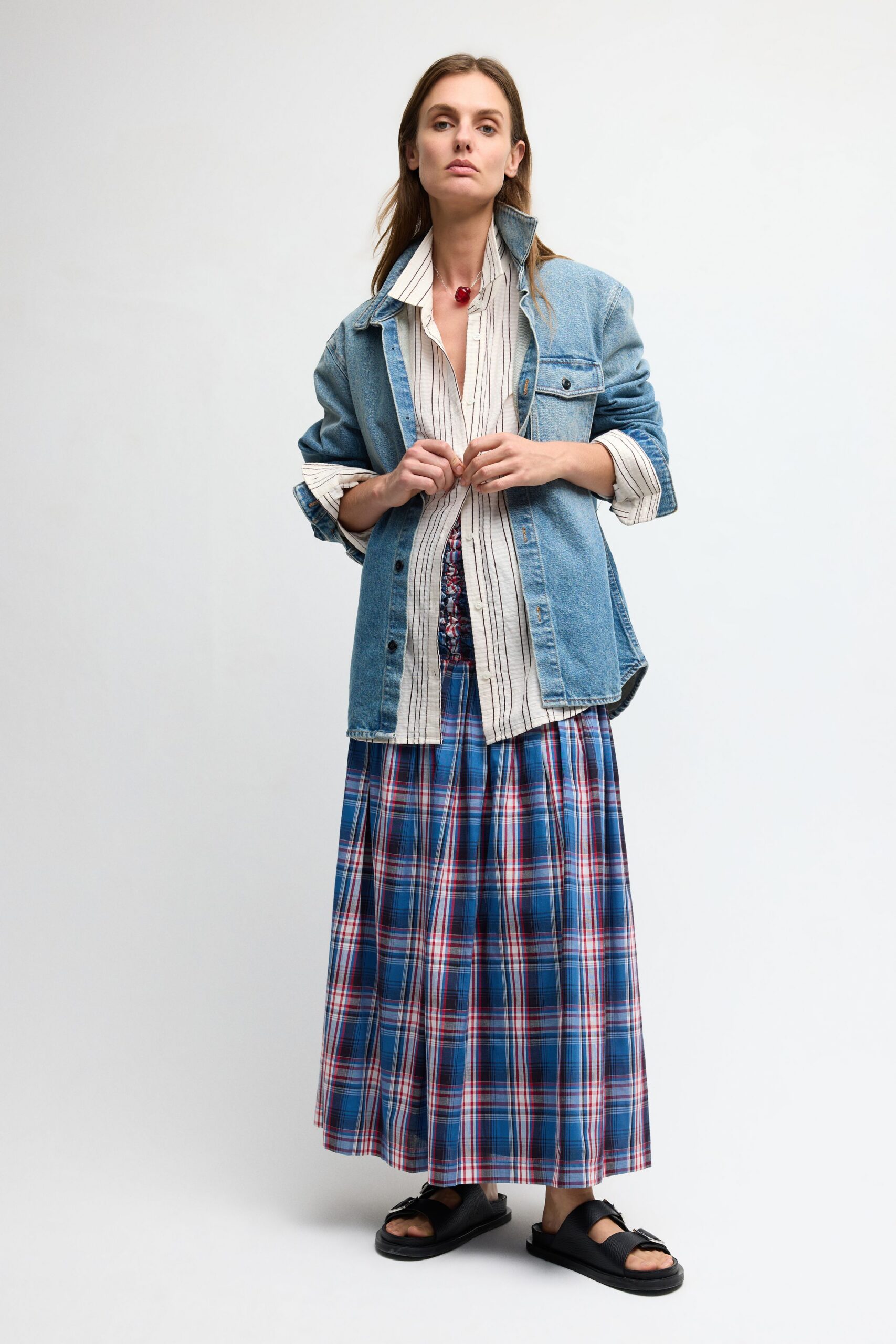 blue unknown checked pleated maxi skirt