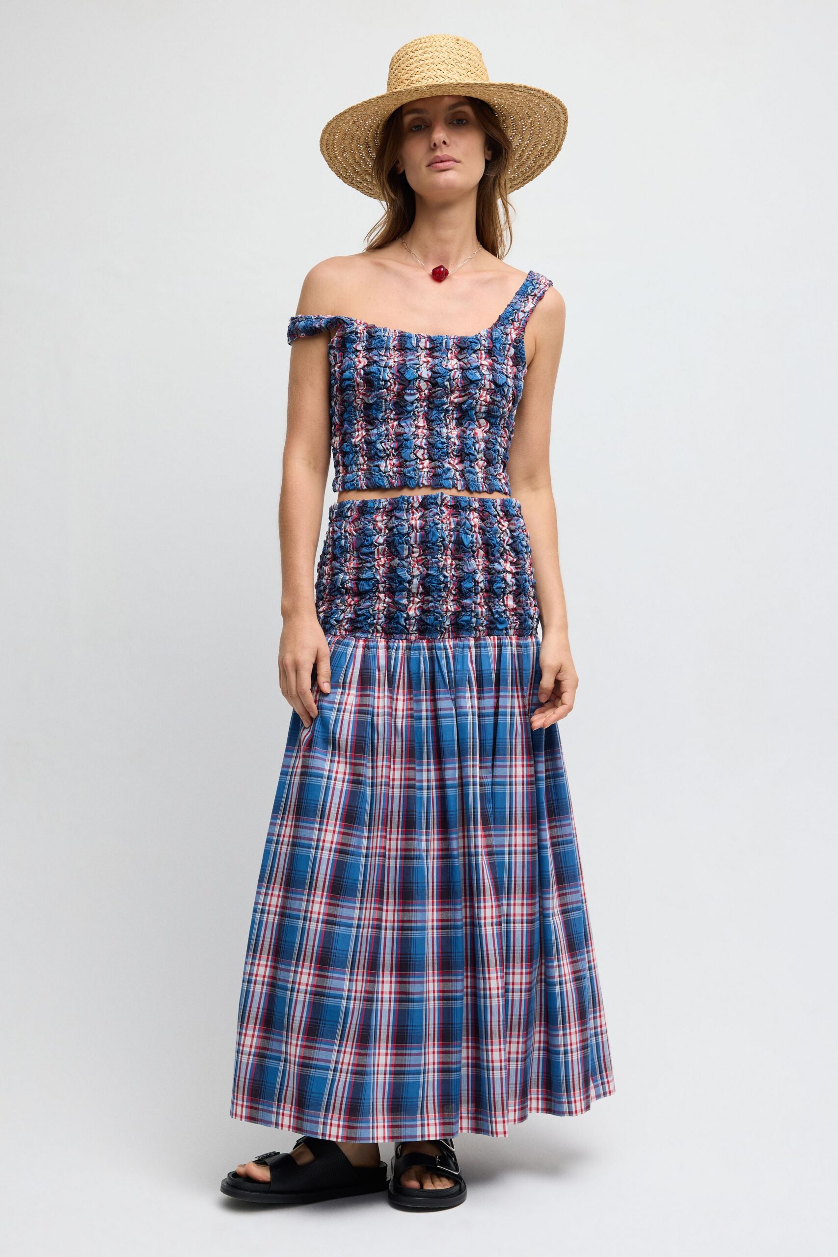 blue unknown checked ruched textured maxi skirt