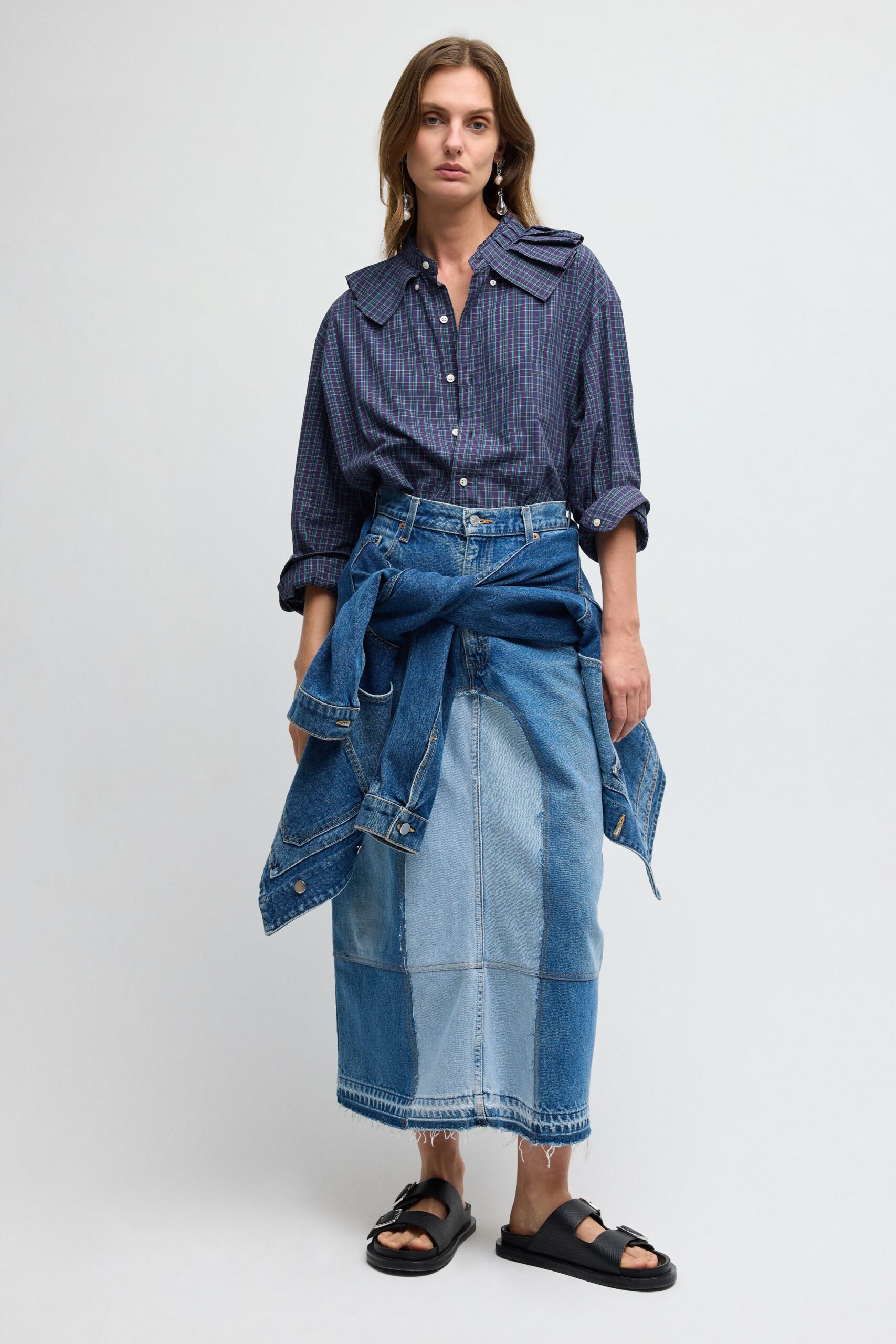 blue denim high-waisted patchwork straight-leg textured midi skirt
