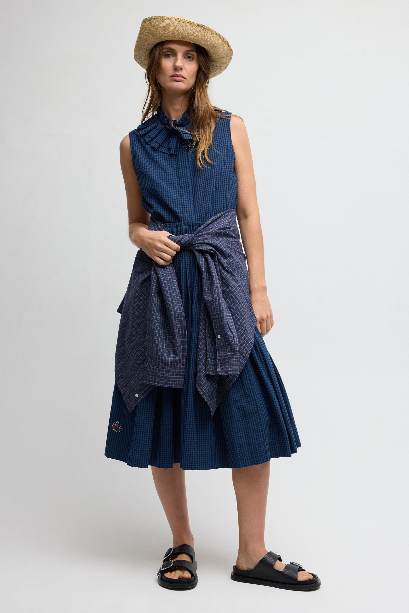 blue checked bow-neck midi dress