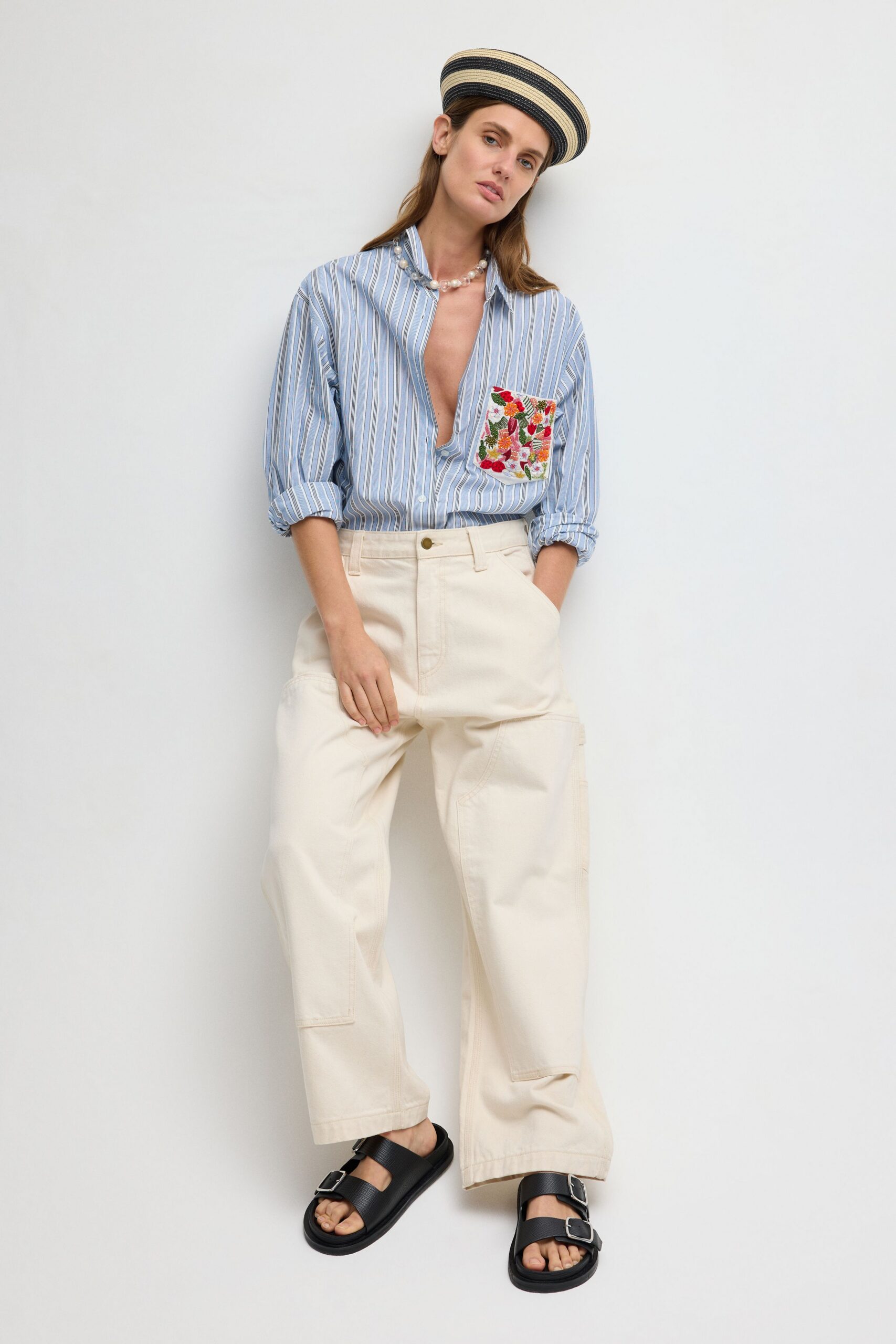 ivory cotton high-waisted wide-leg pockets pants