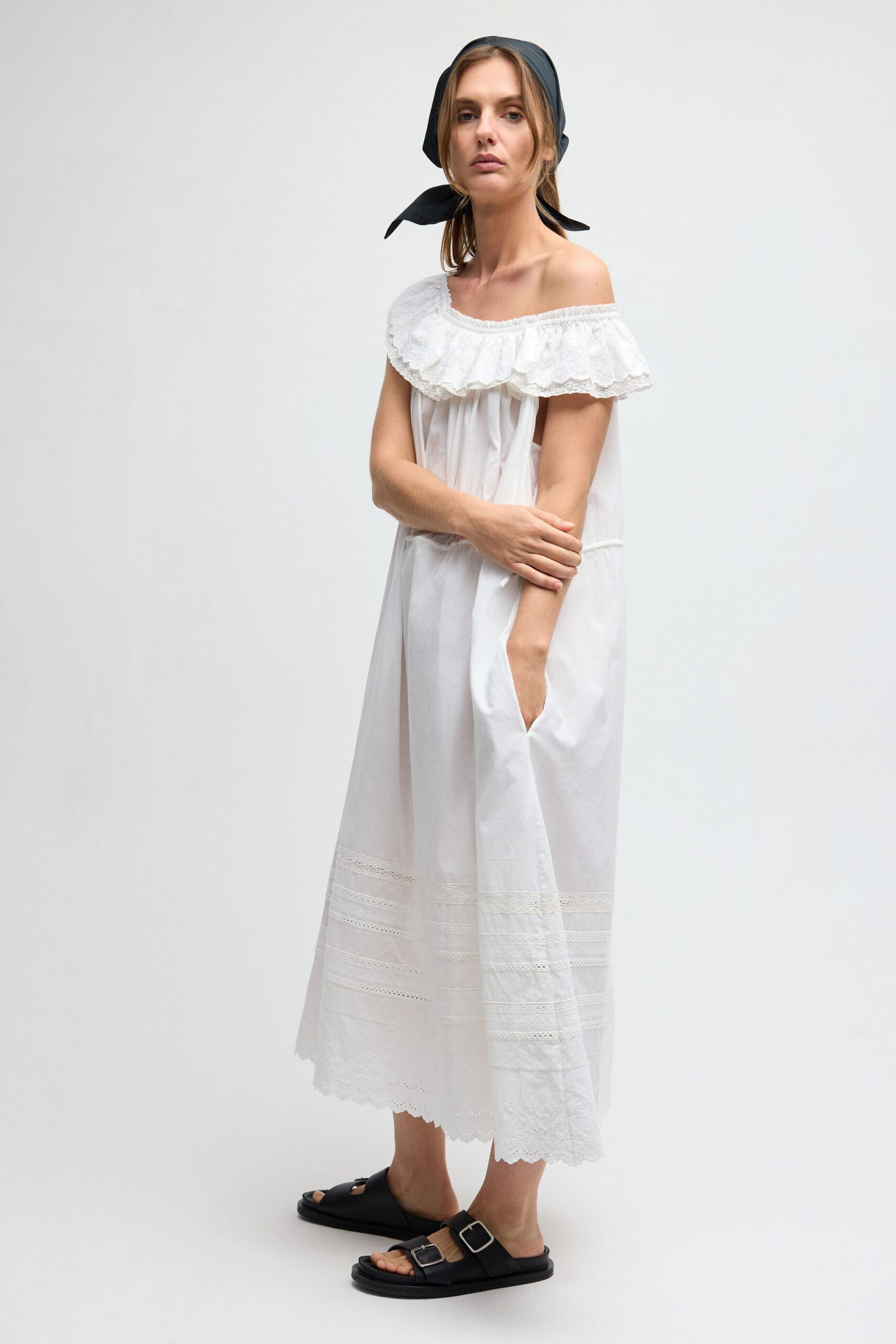 white off-shoulder peasant maxi dress