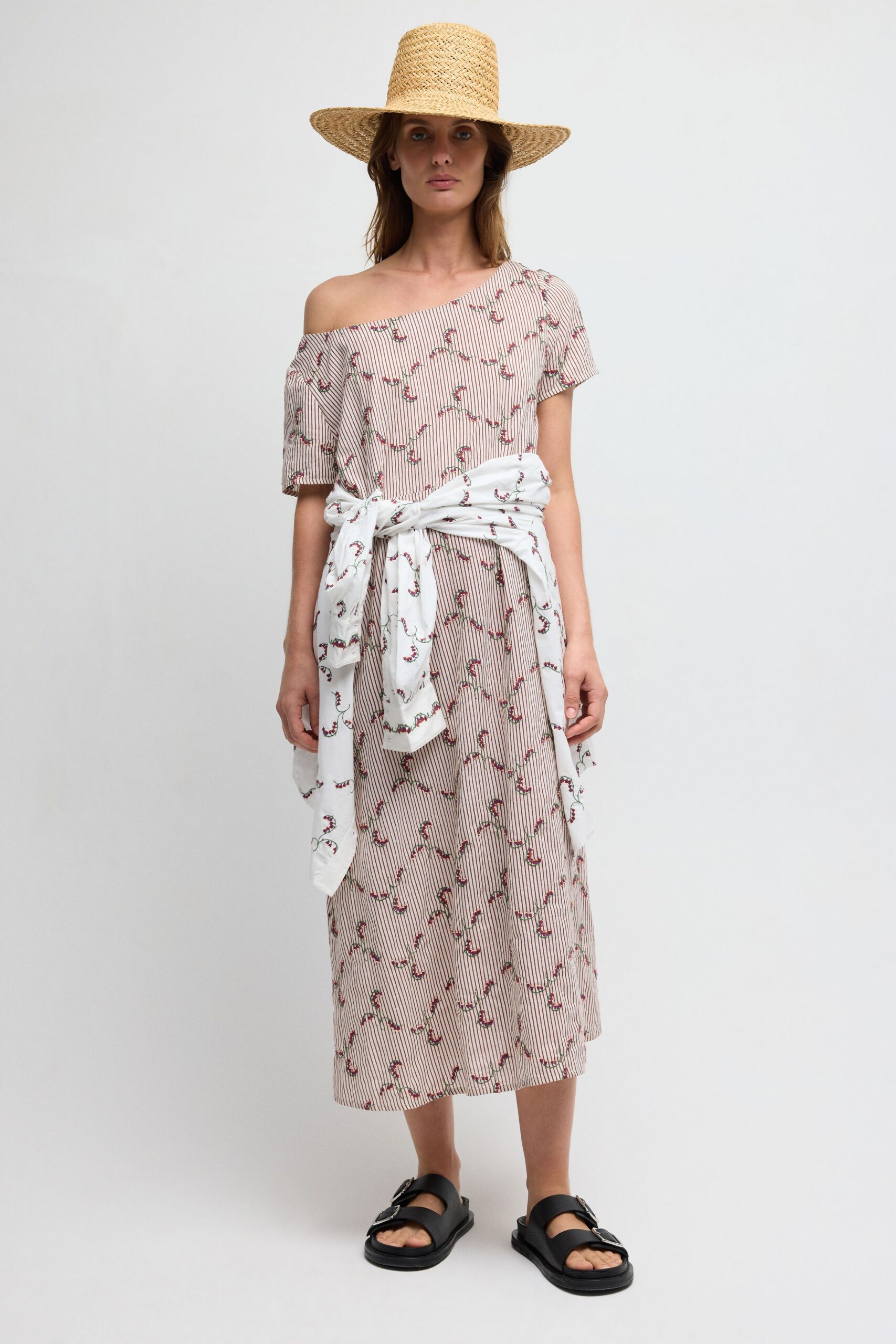one-shoulder floral striped midi dress