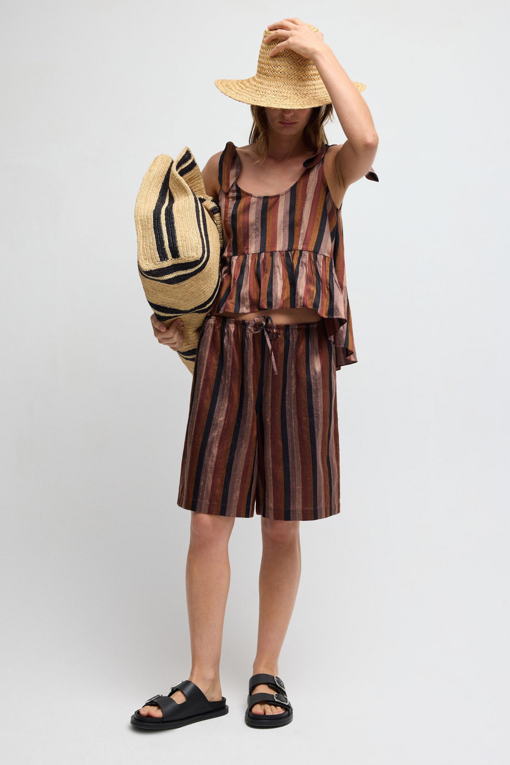 striped tie-shoulder cropped top