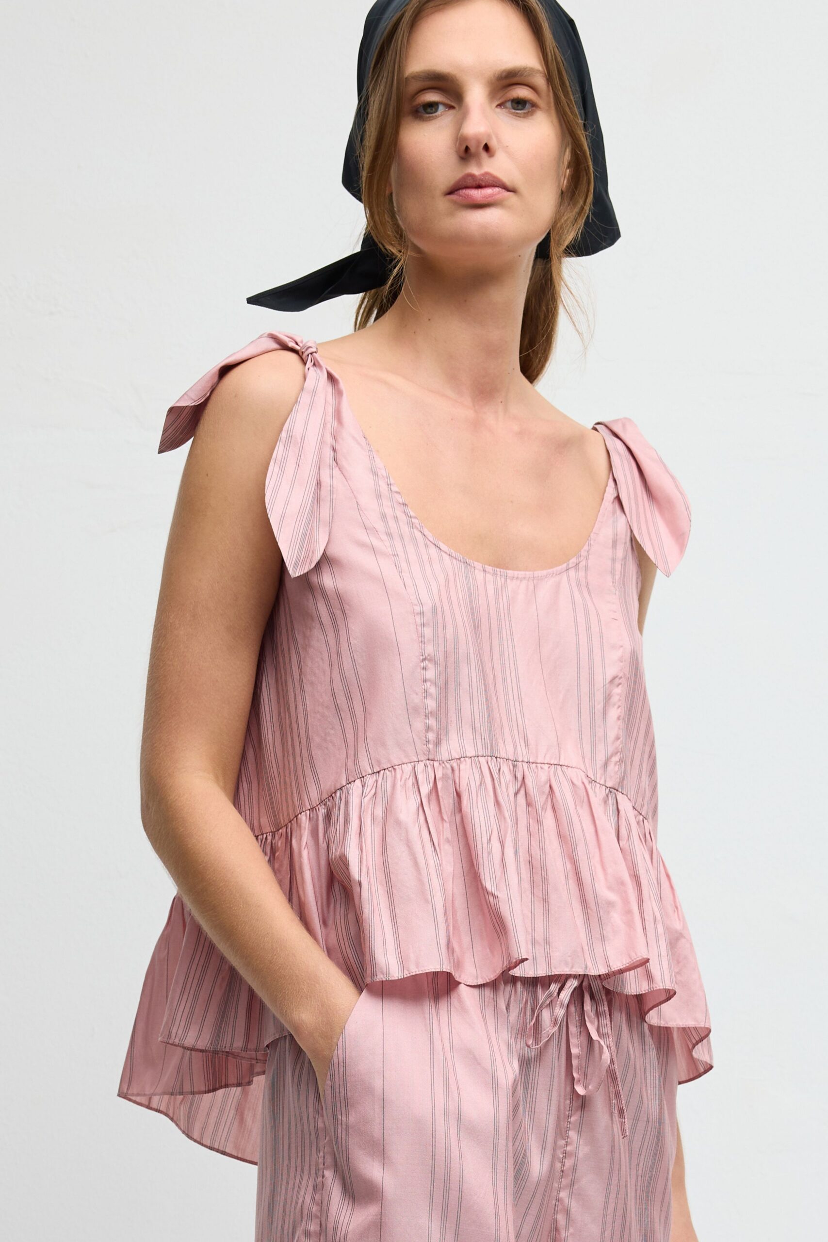 pink shoulder-tie tiered dress