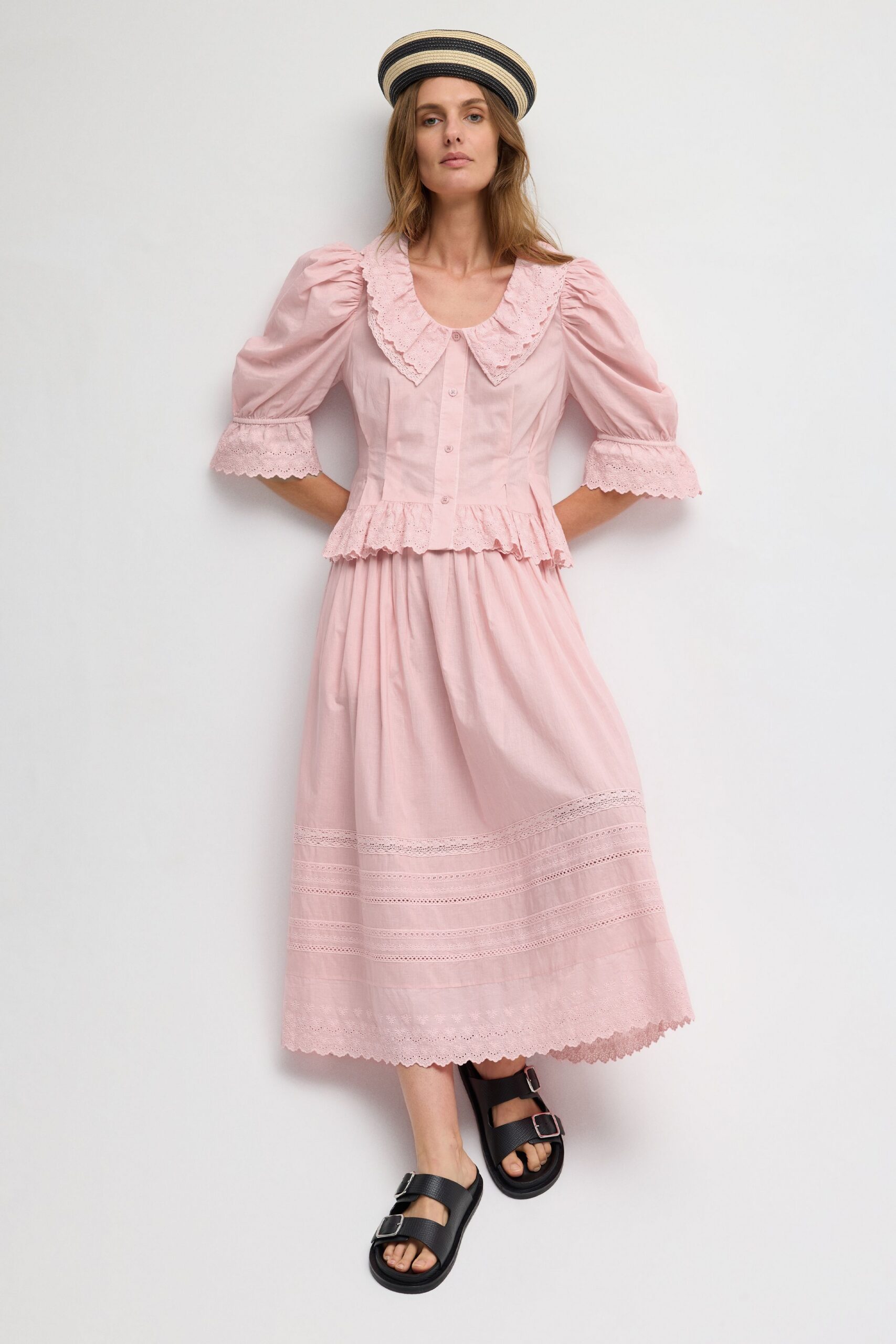 pink puff-sleeve prairie midi dress