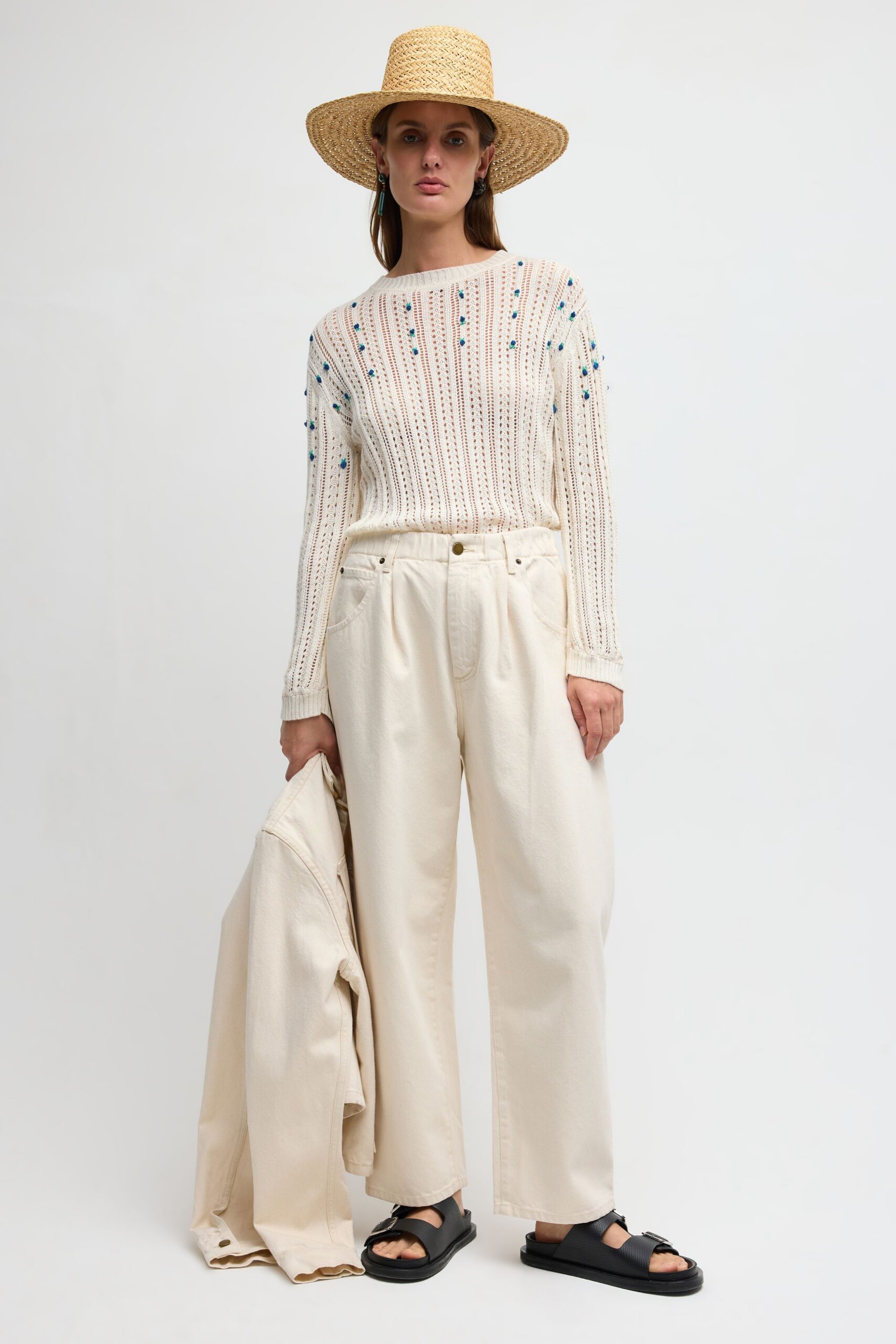 ivory knit long-sleeve high-neck openwork embellished sweater