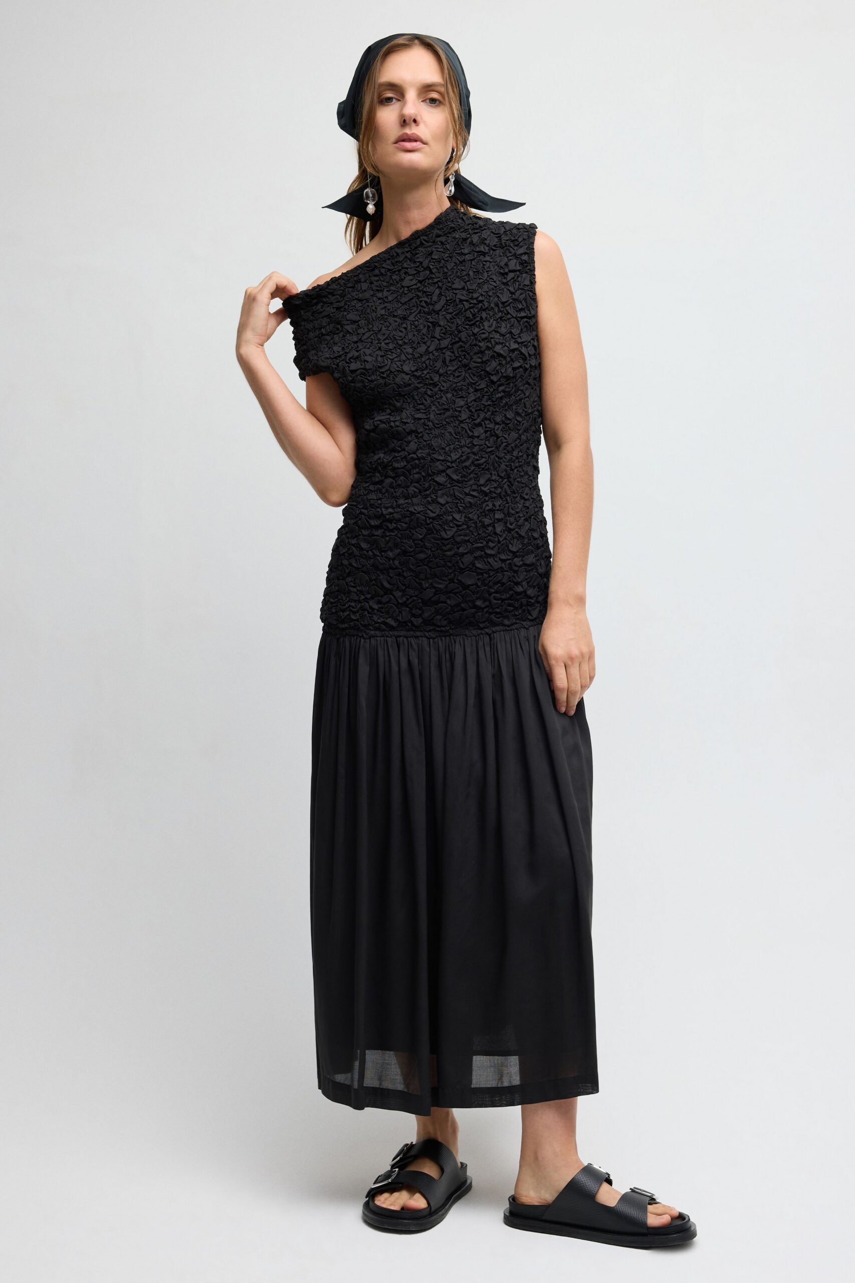 black asymmetric textured maxi dress