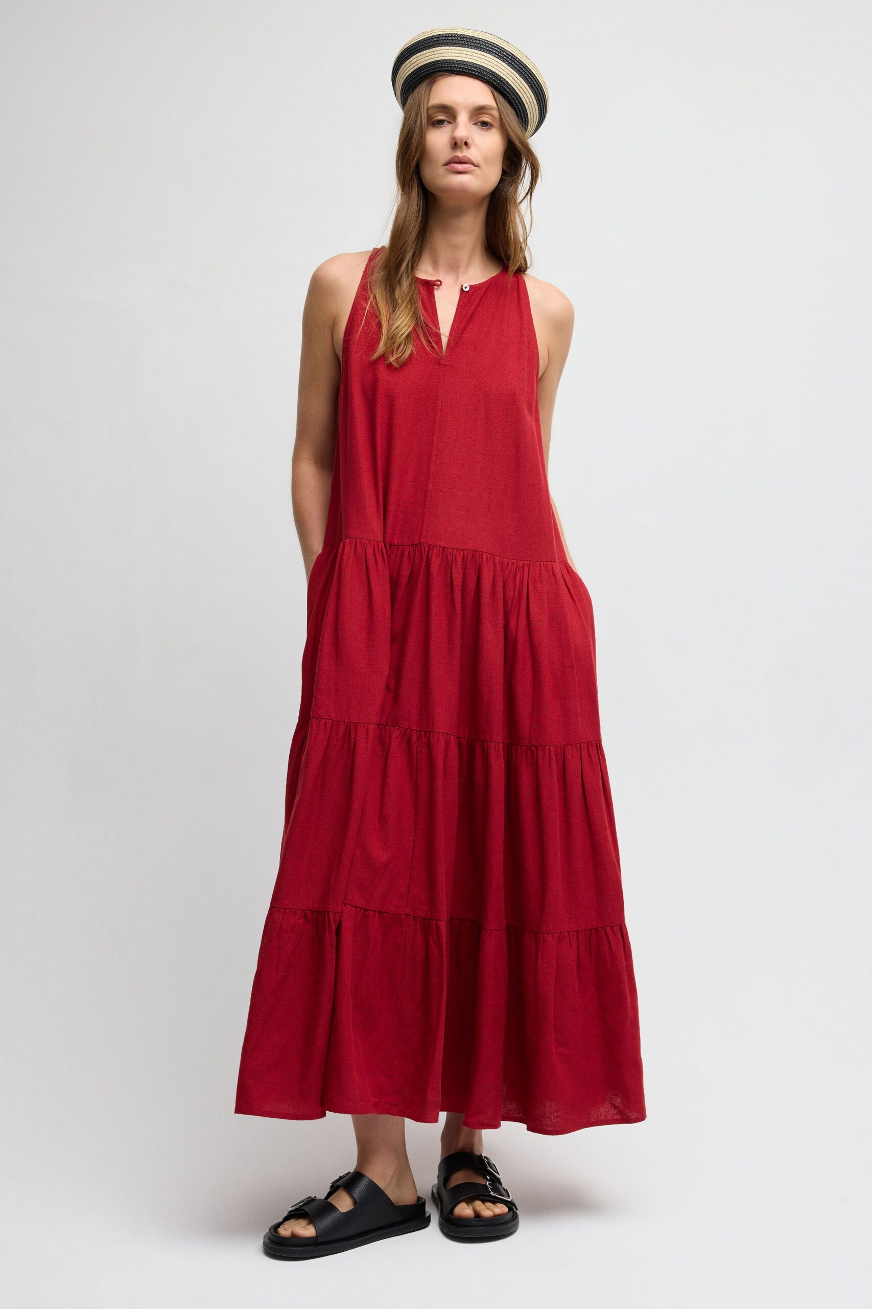 red tiered maxi dress