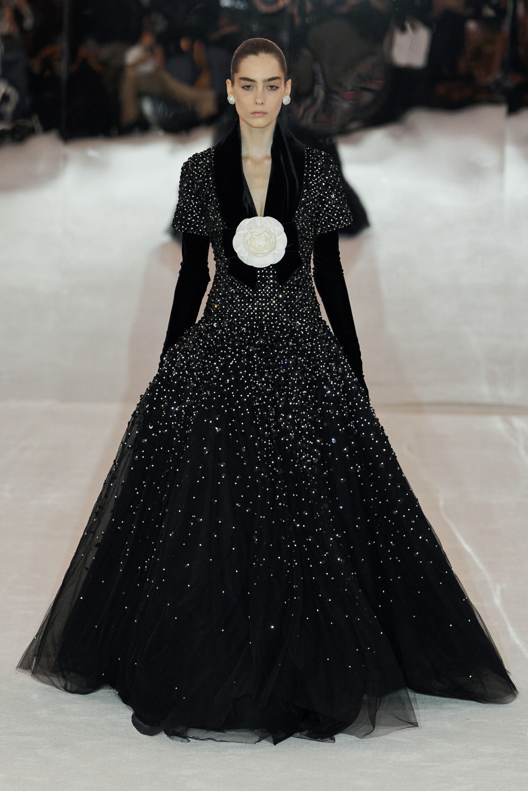 Round crystal cluster earrings. Black sequined ballgown with velvet shawl lapels and a white camellia at the plunge. Opera-length black velvet gloves disappearing into the sleeve line. Crossing a hotel ballroom after midnight, with confetti still caught in the carpet.