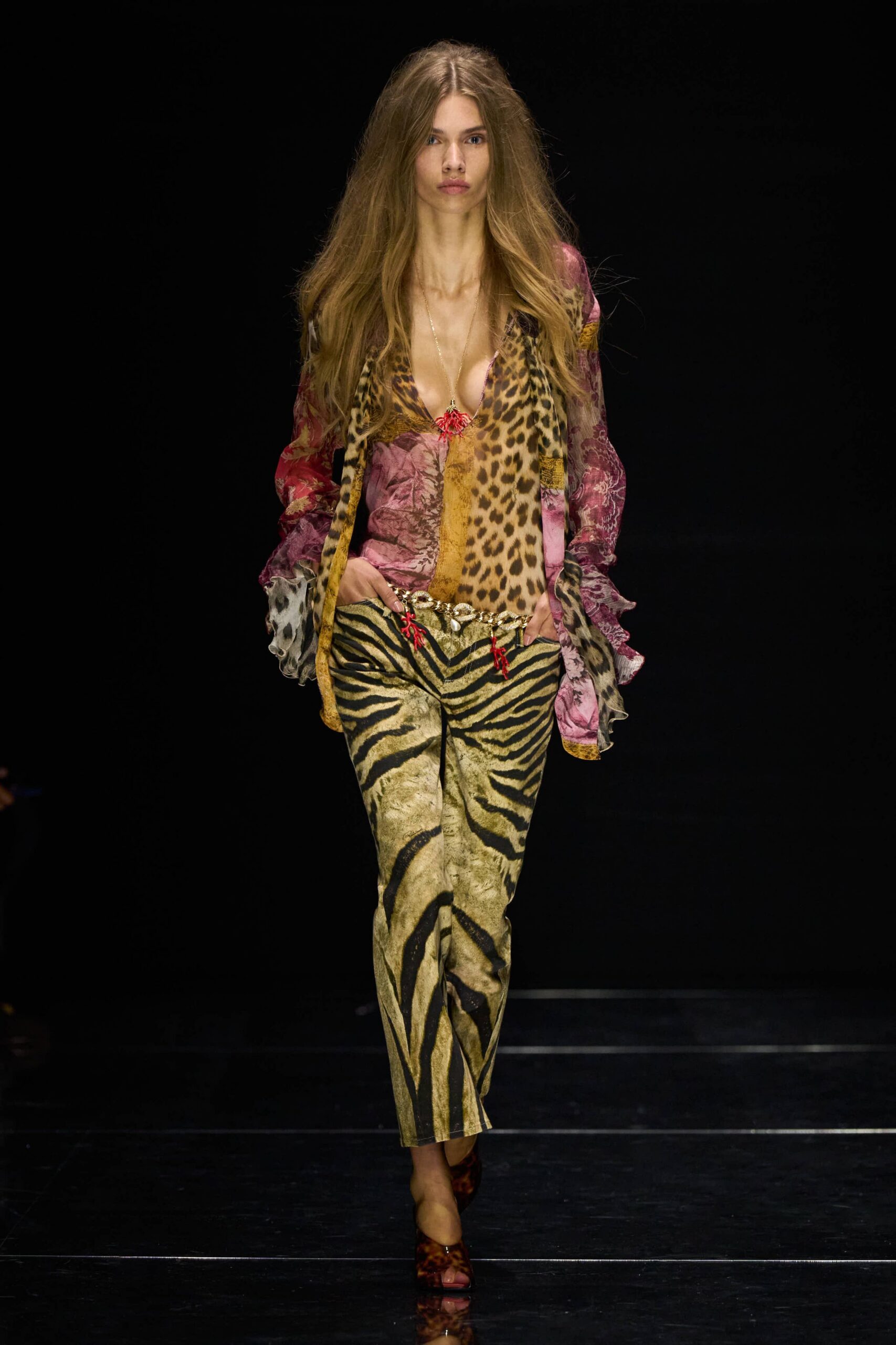 patchwork animal-print chiffon blouse