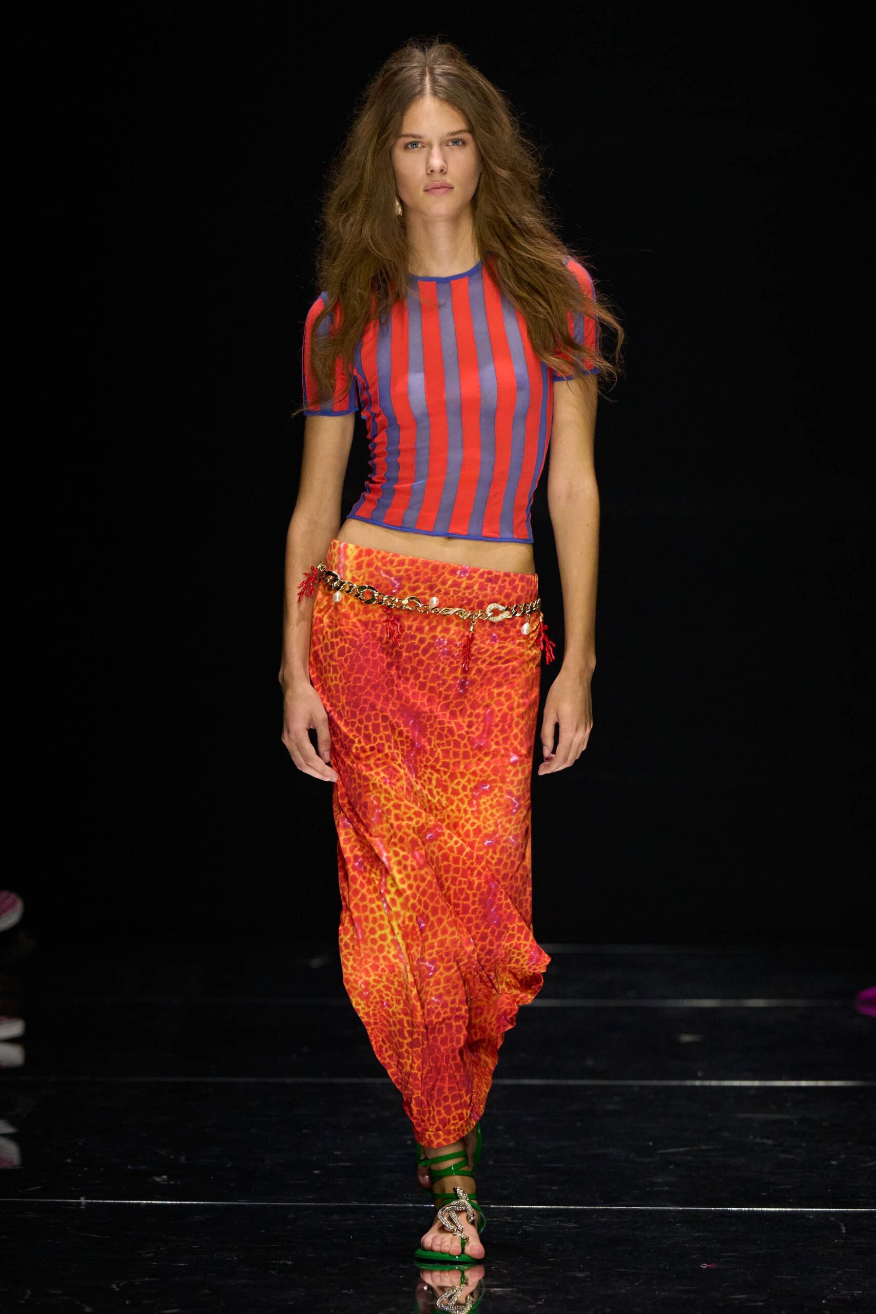 orange animal-print bias-cut maxi skirt