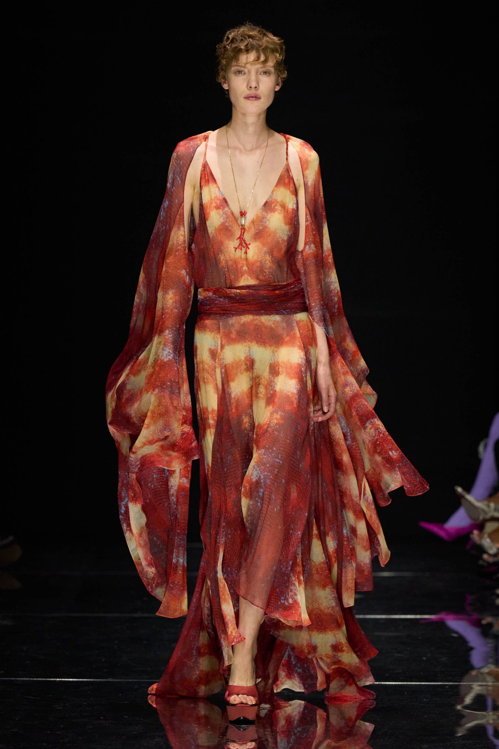 red chiffon spaghetti-strap low-cut printed draped gown