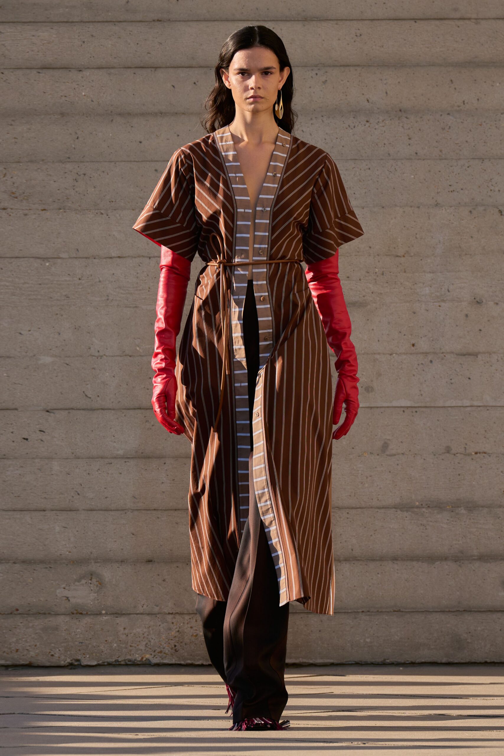striped caftan-style belted maxi dress