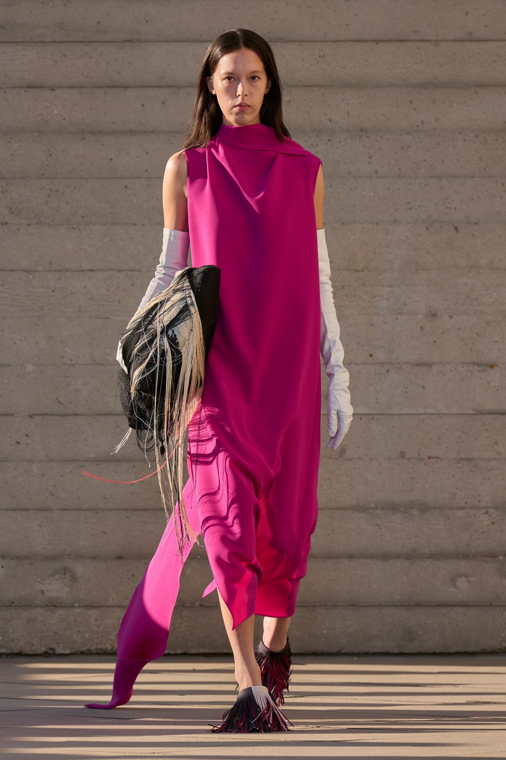 pink scarf-neck column dress