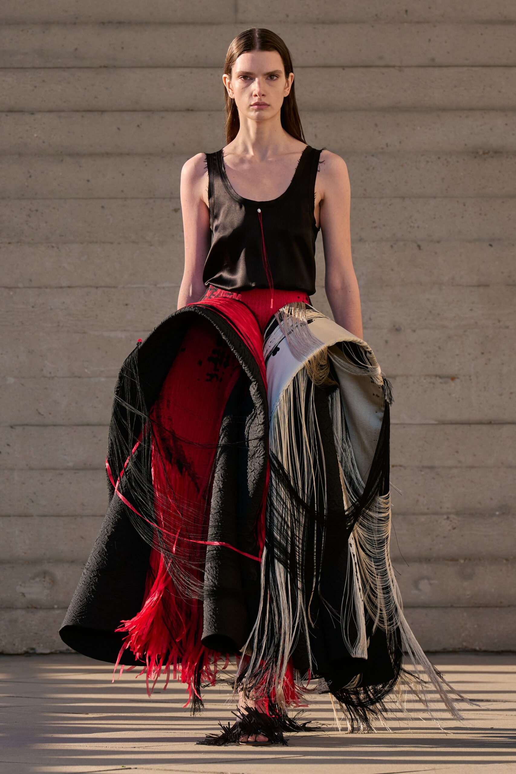 black unknown fringed abstract textured maxi skirt