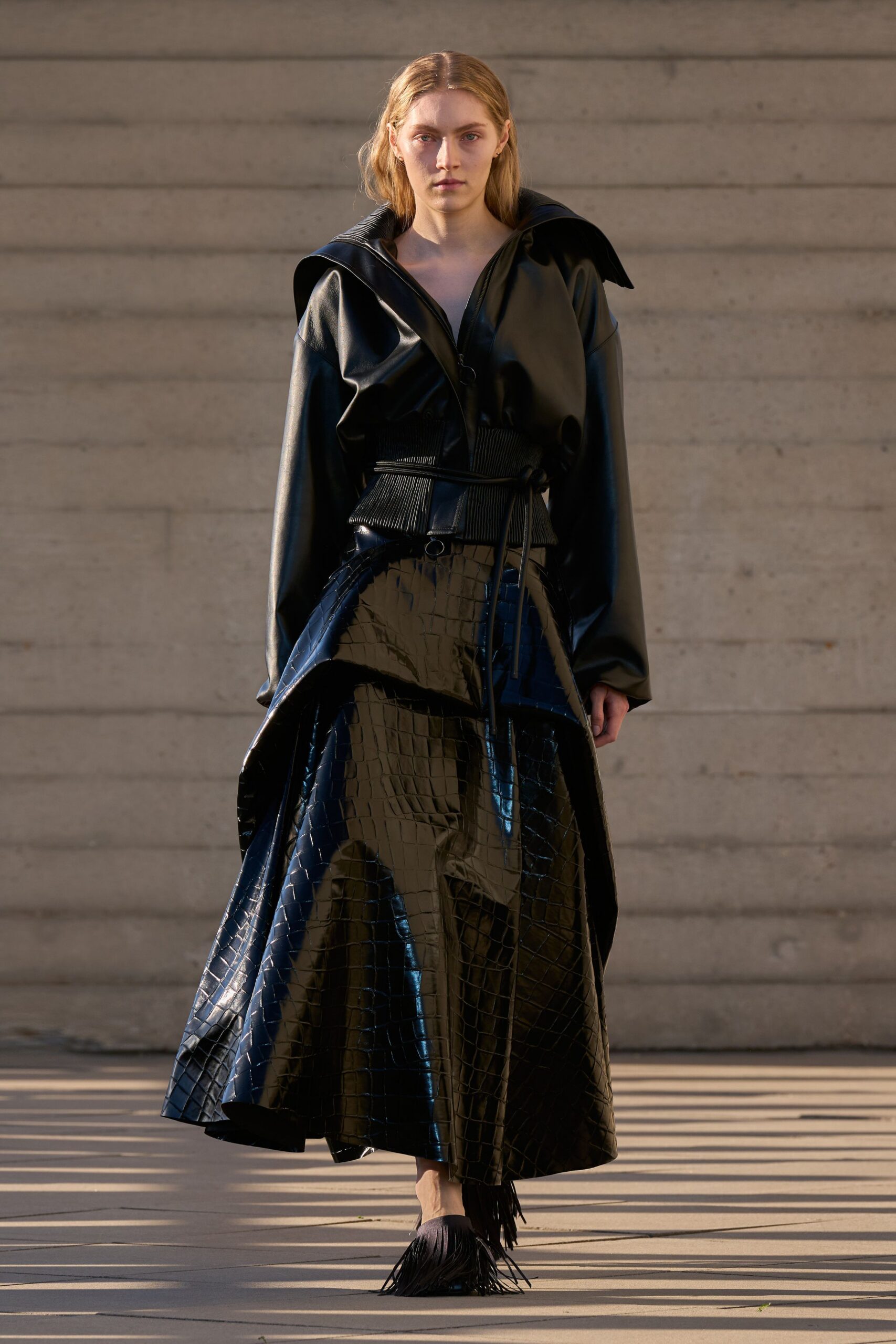 black leather asymmetric embossed shiny textured maxi skirt