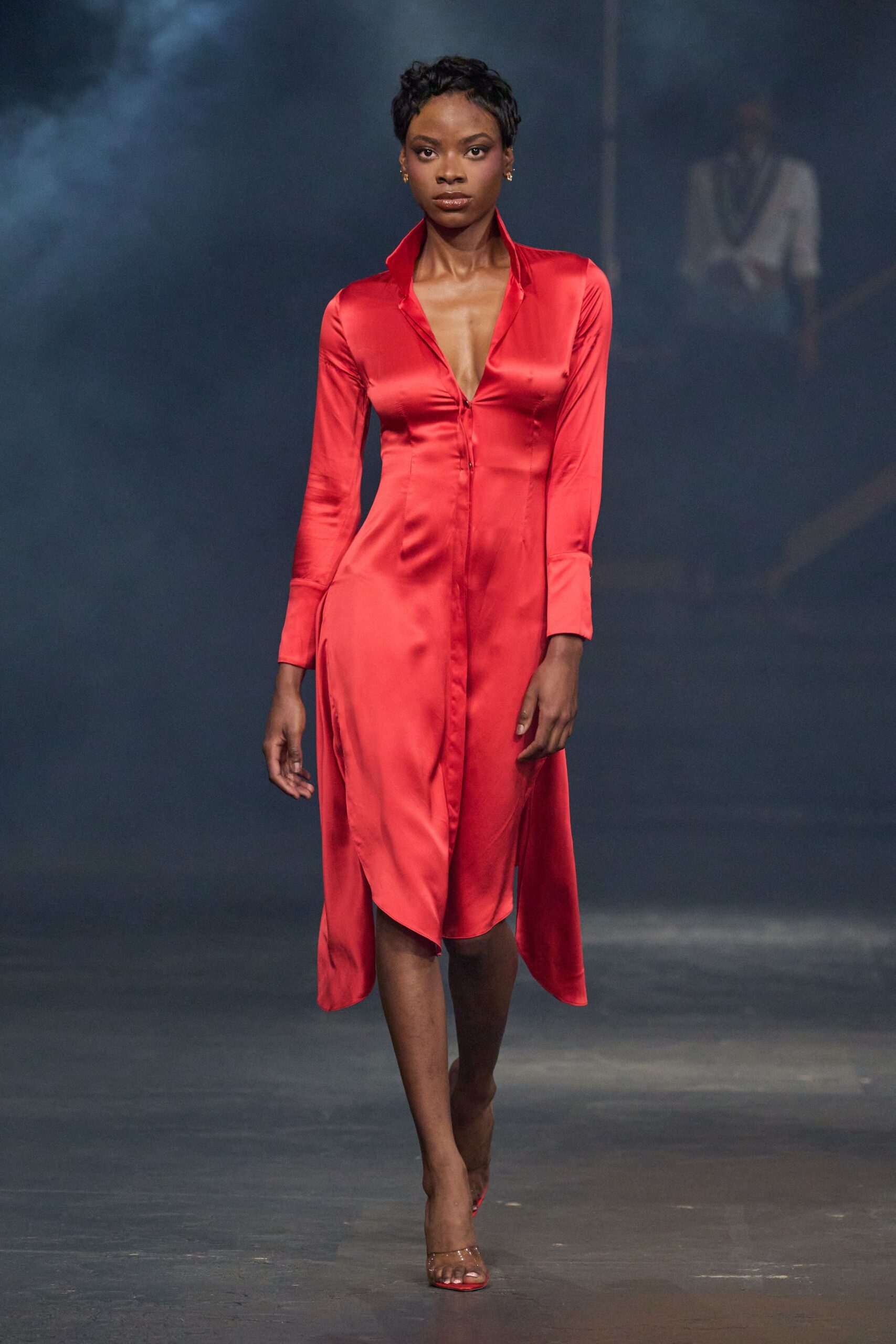 red satin shirt dress