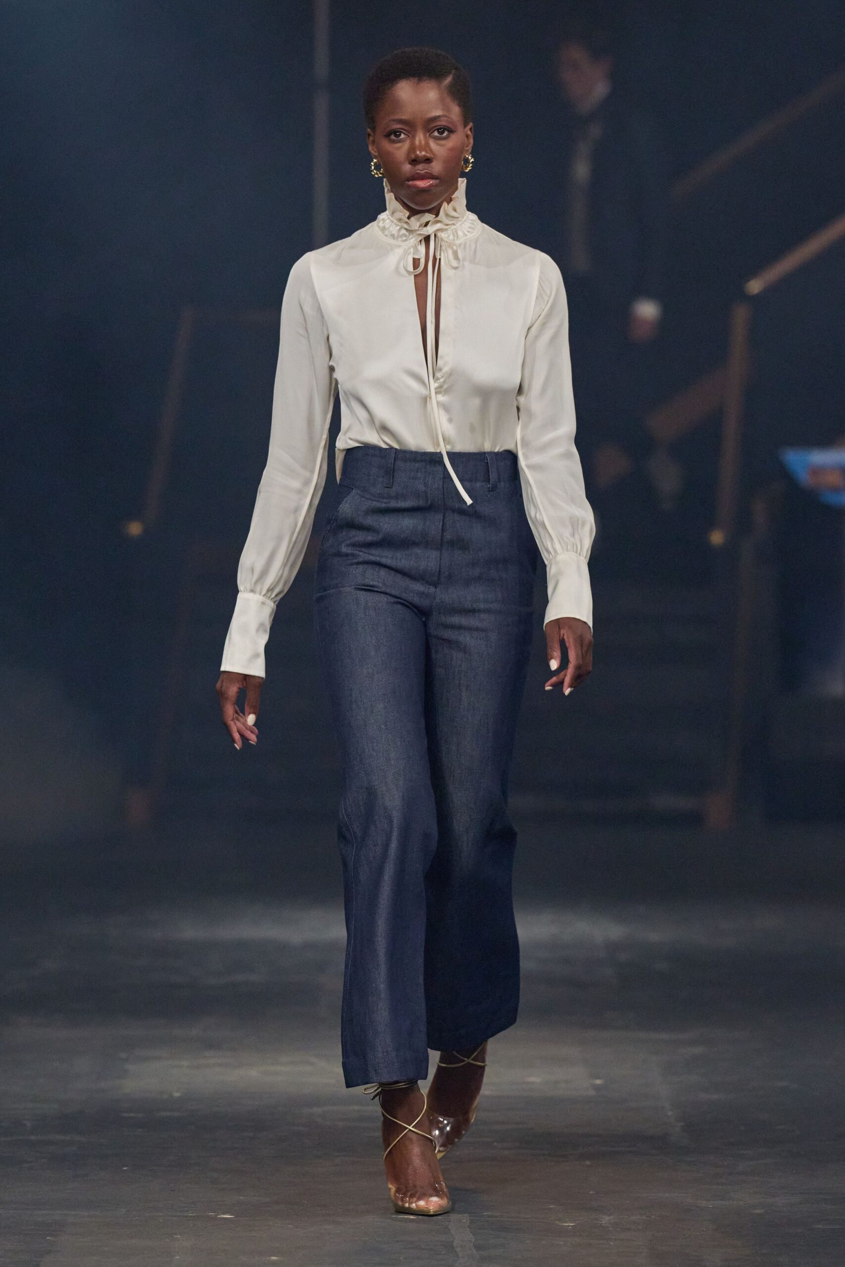 ruffled high-neck satin blouse