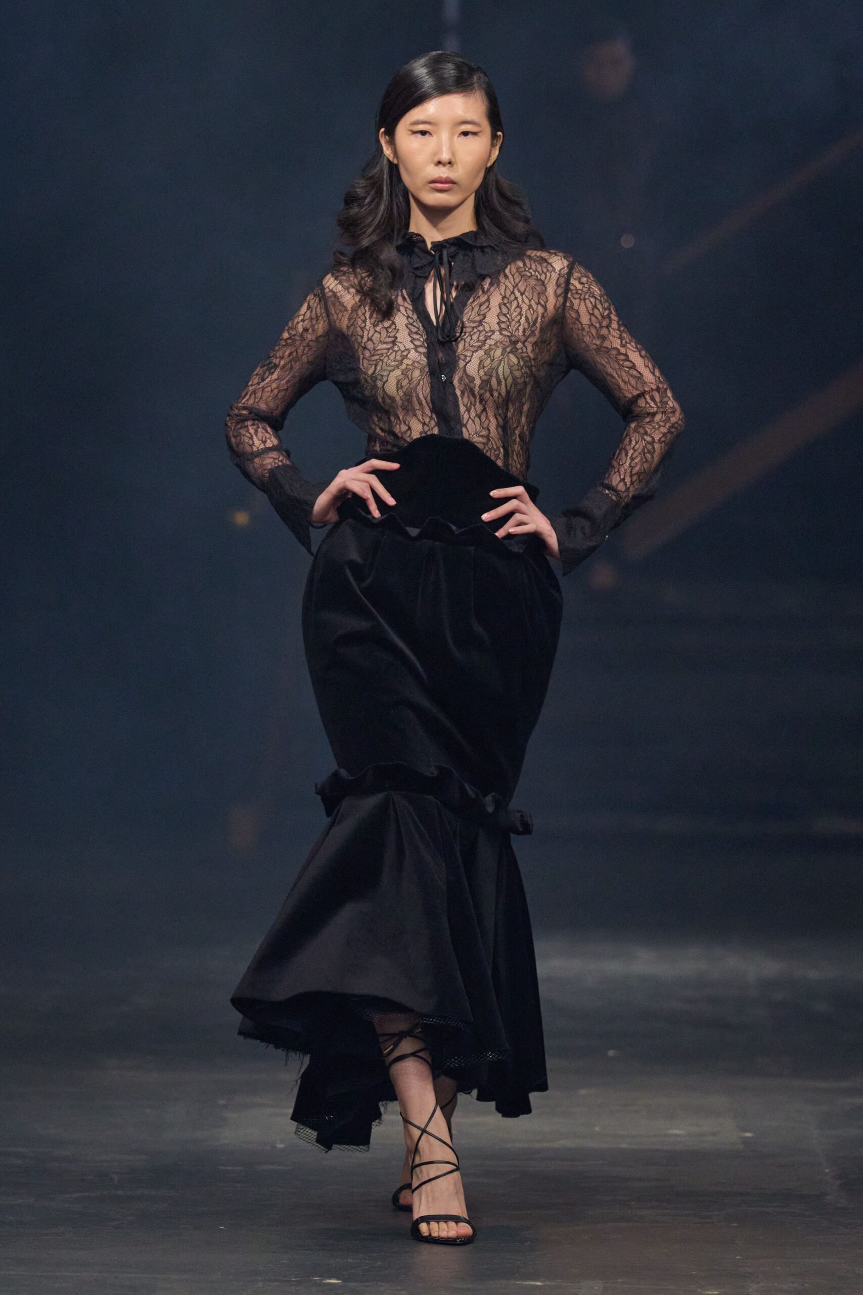 sheer lace mermaid evening gown