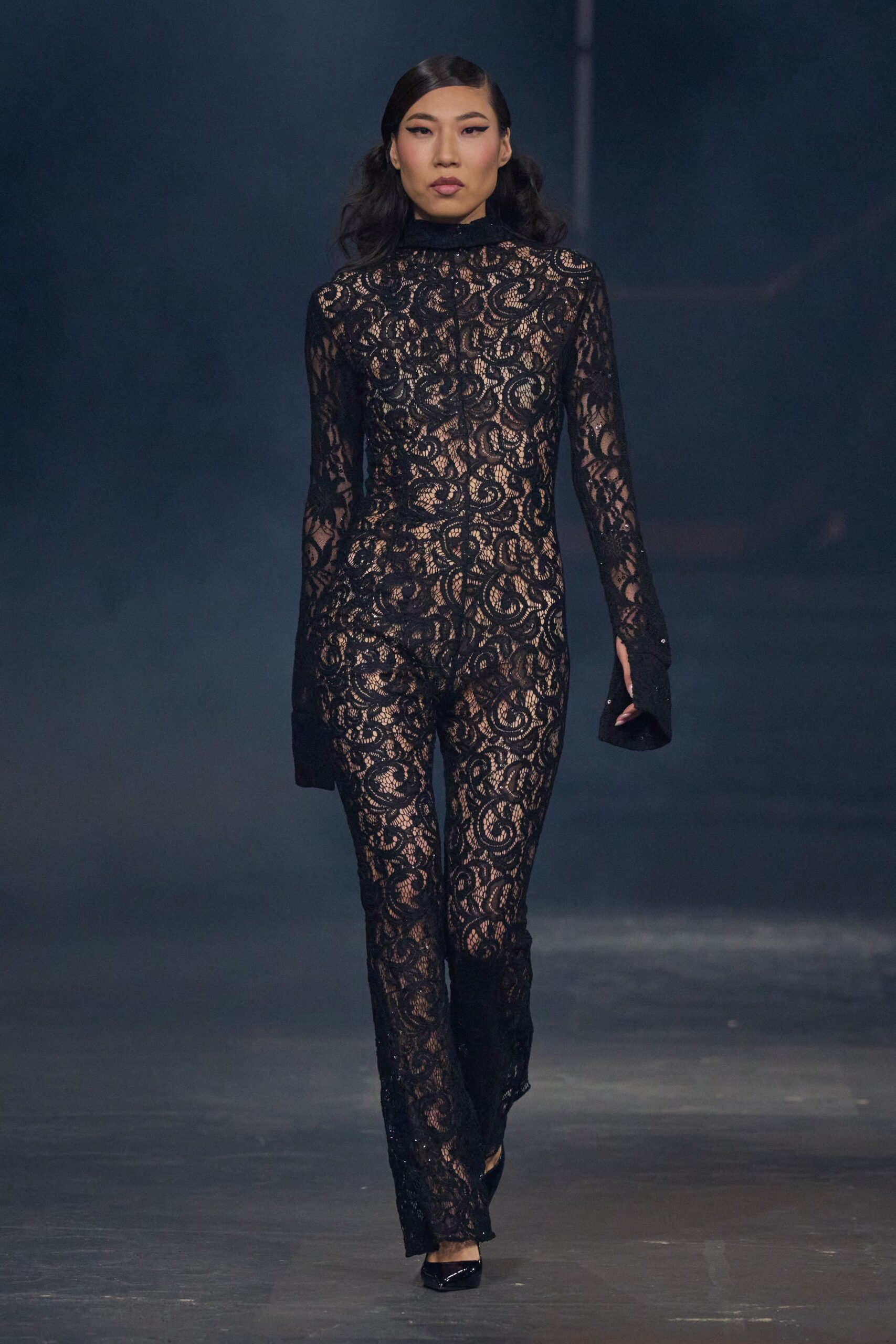 sheer black lace catsuit