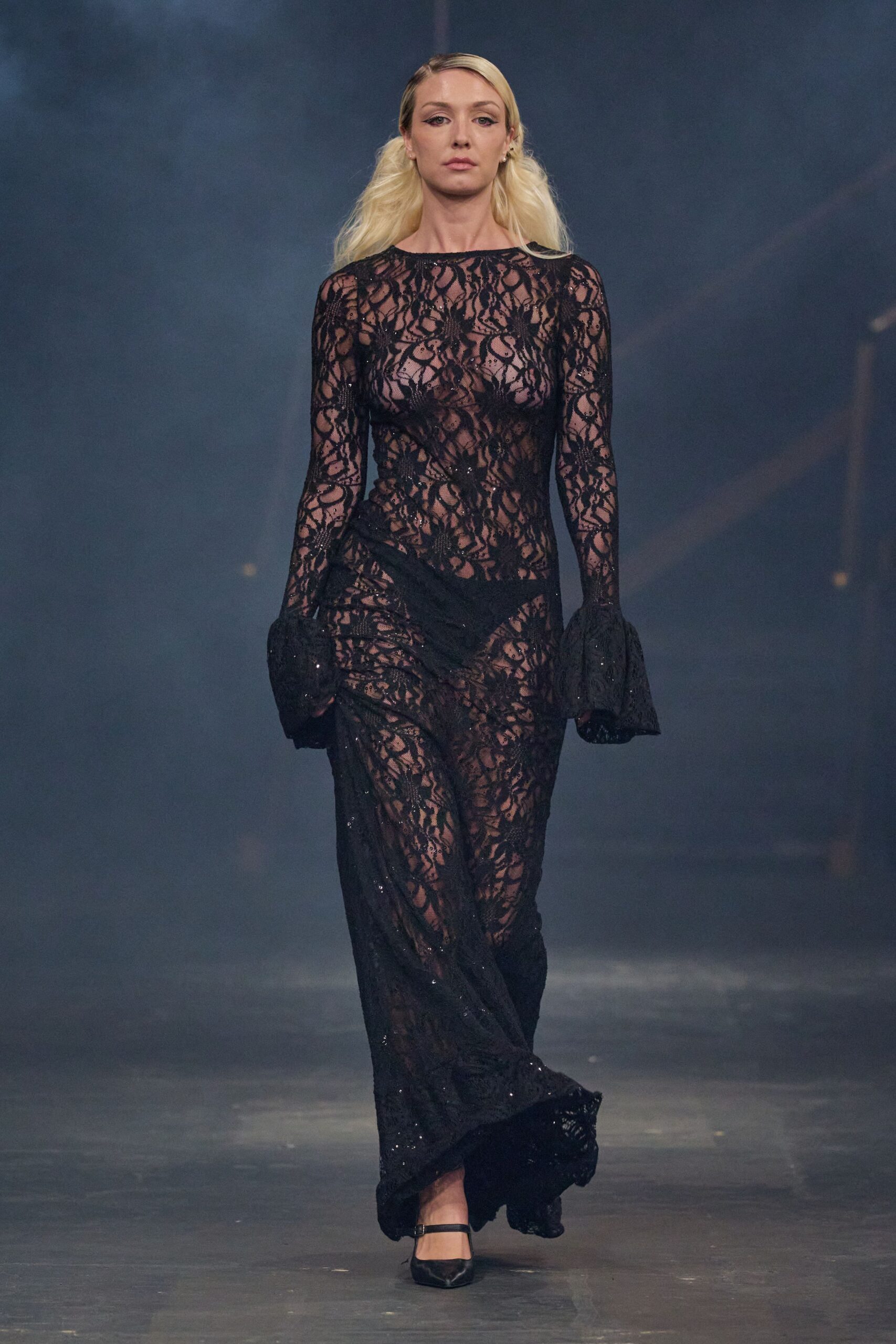 black sequin long-sleeve boat-neck fitted embellished gown