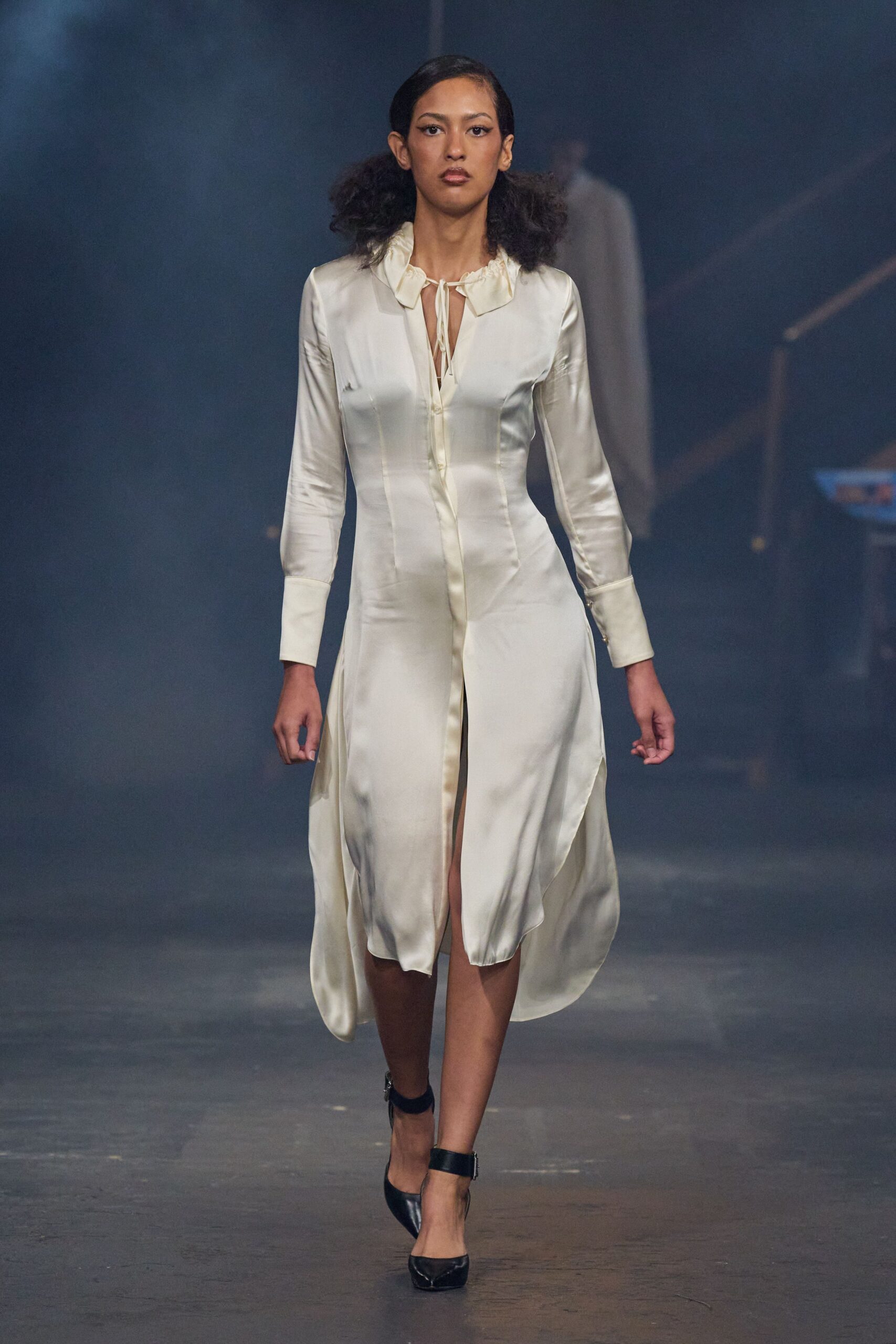 ivory satin tie-neck shirt dress