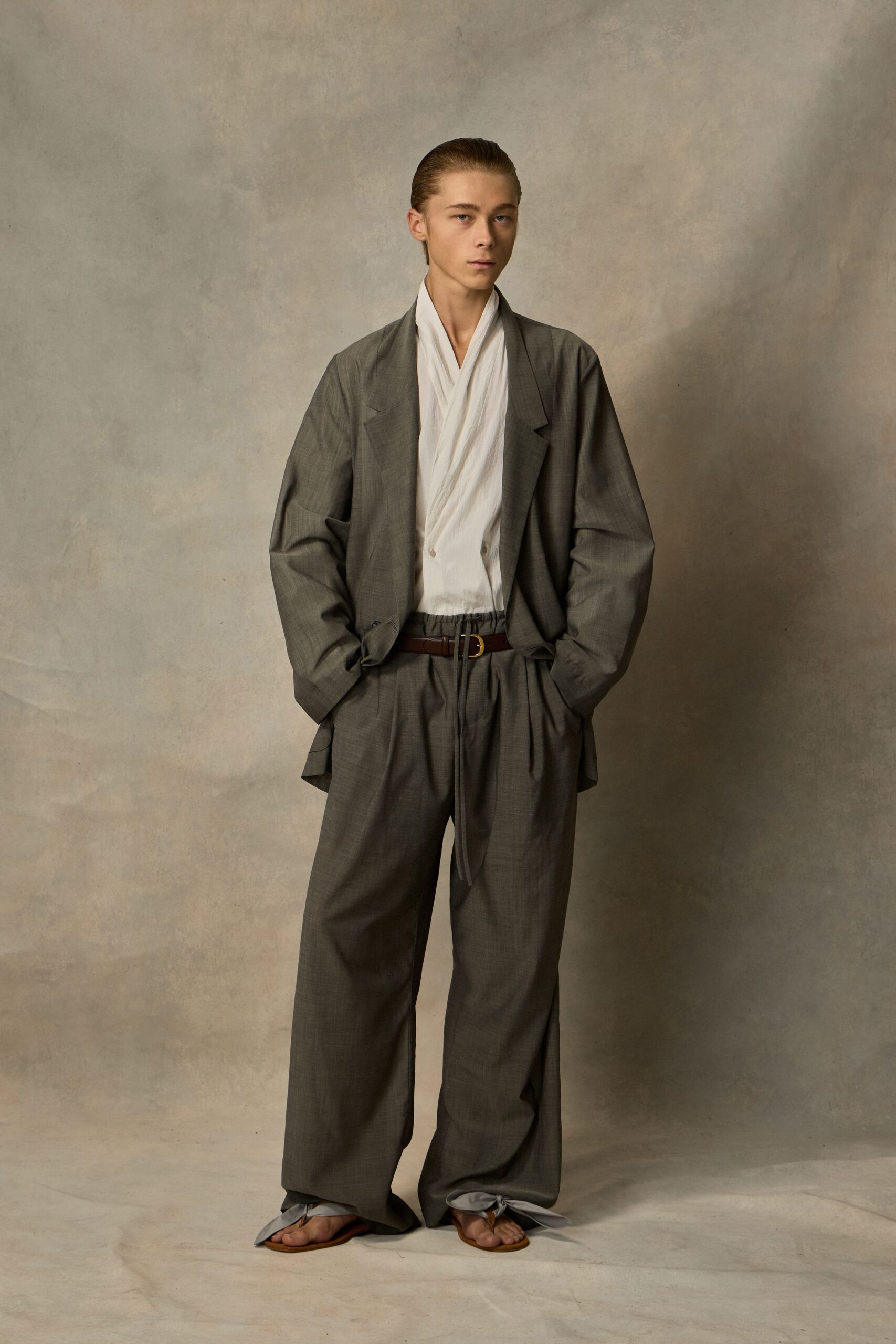 draped gray blazer-style jacket