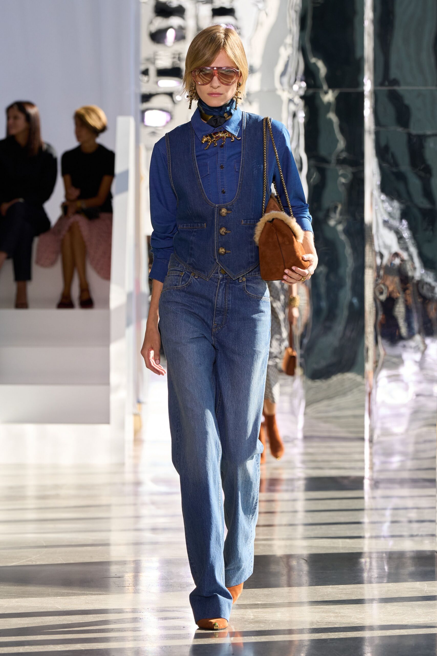 denim waistcoat and wide-leg jeans
