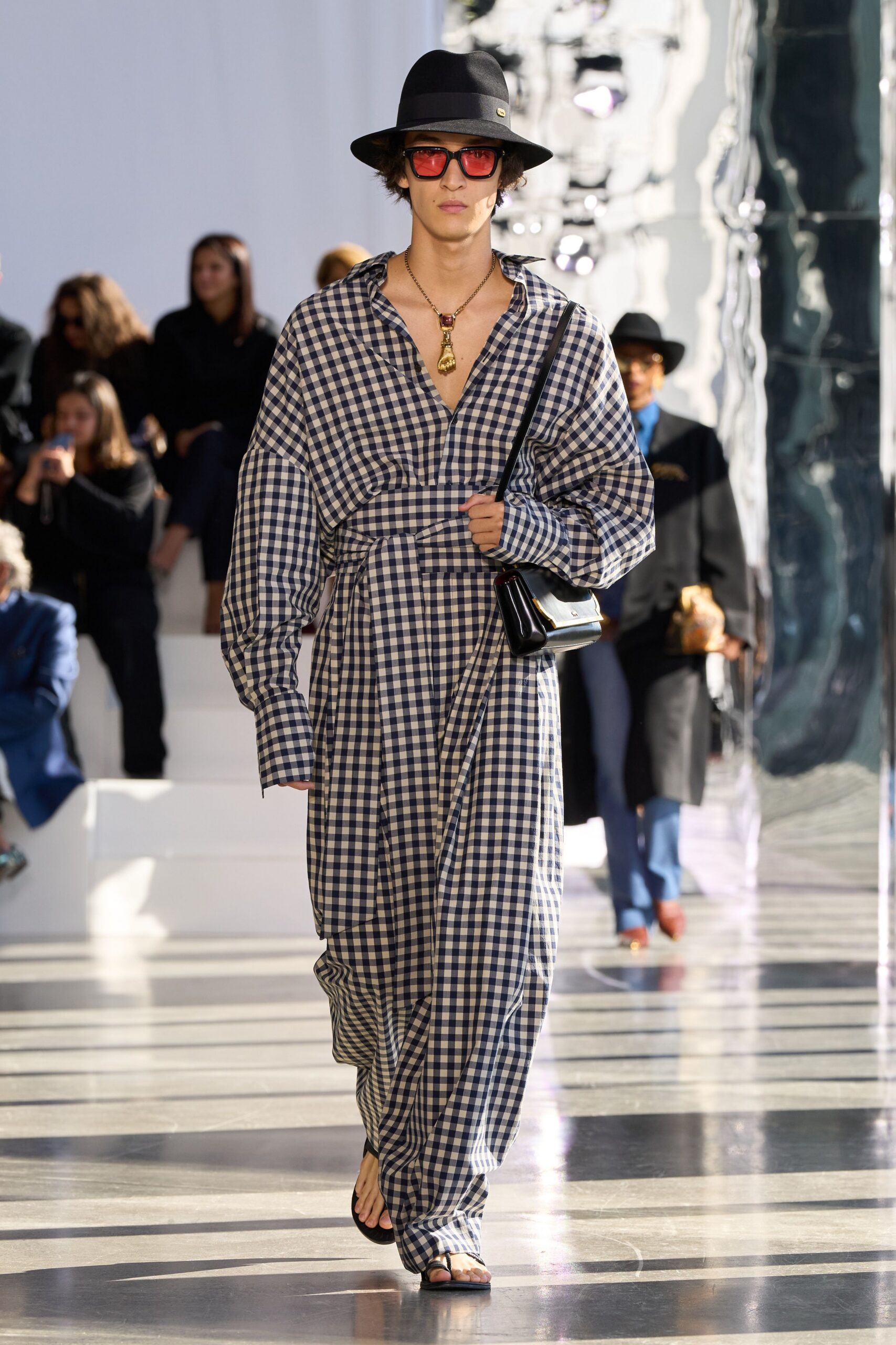 blue unknown long-sleeve collared relaxed checked belted jumpsuit