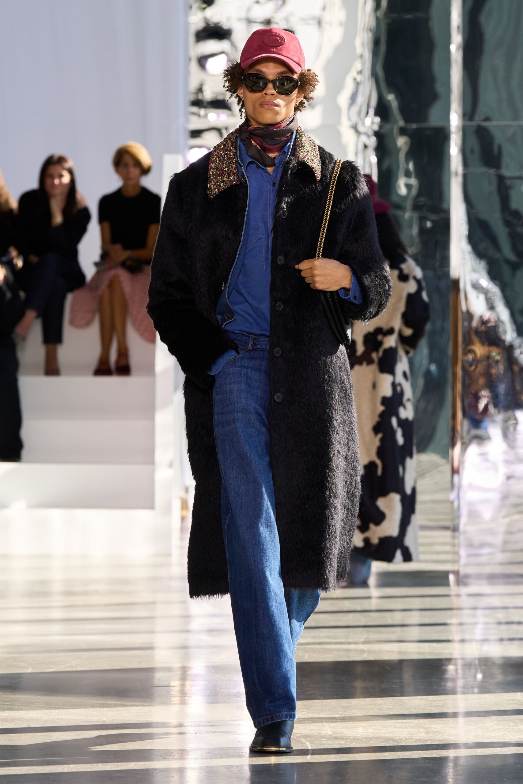 black fur coat with beaded collar