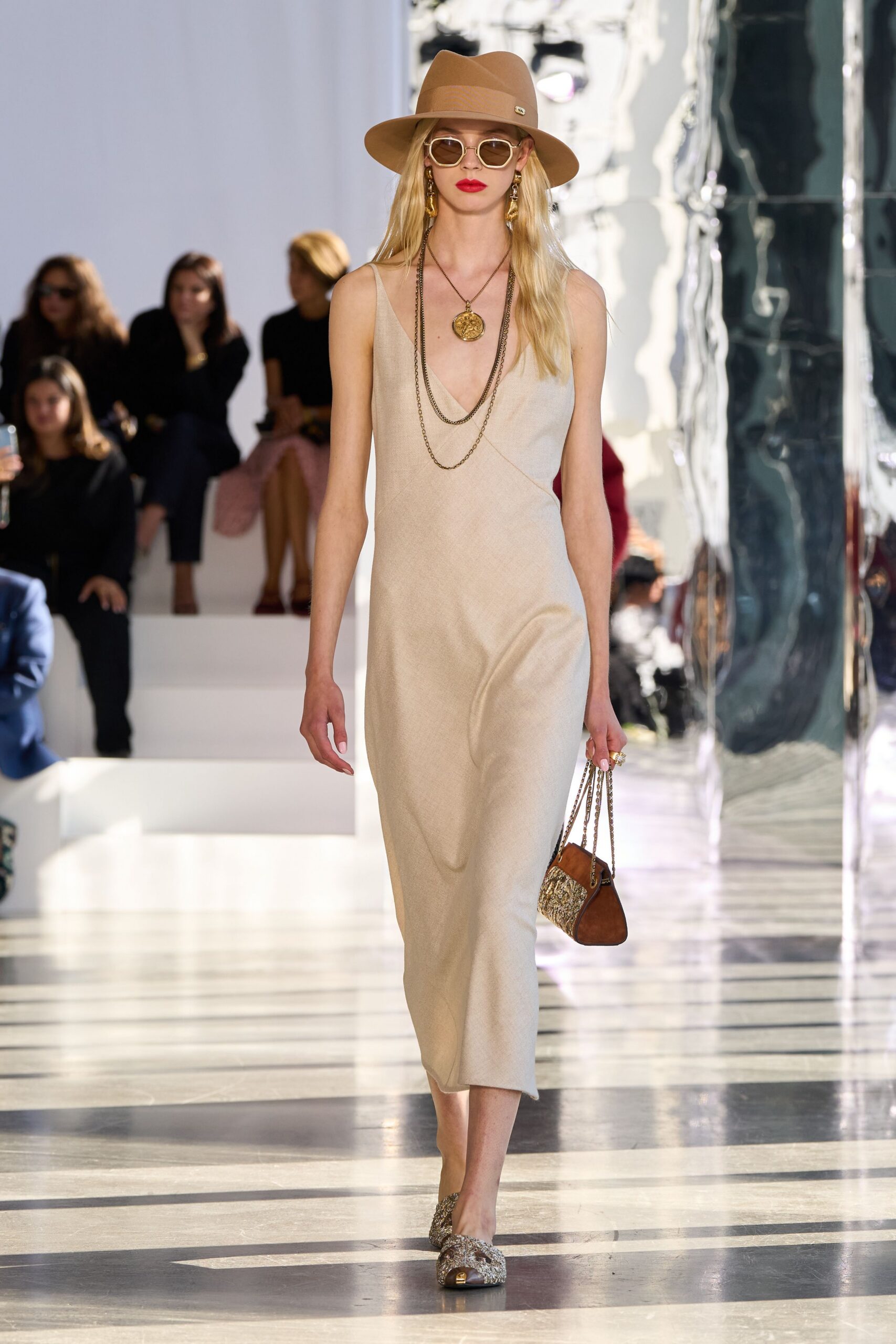 beige knit sleeveless v-neck slim draped maxi-dress