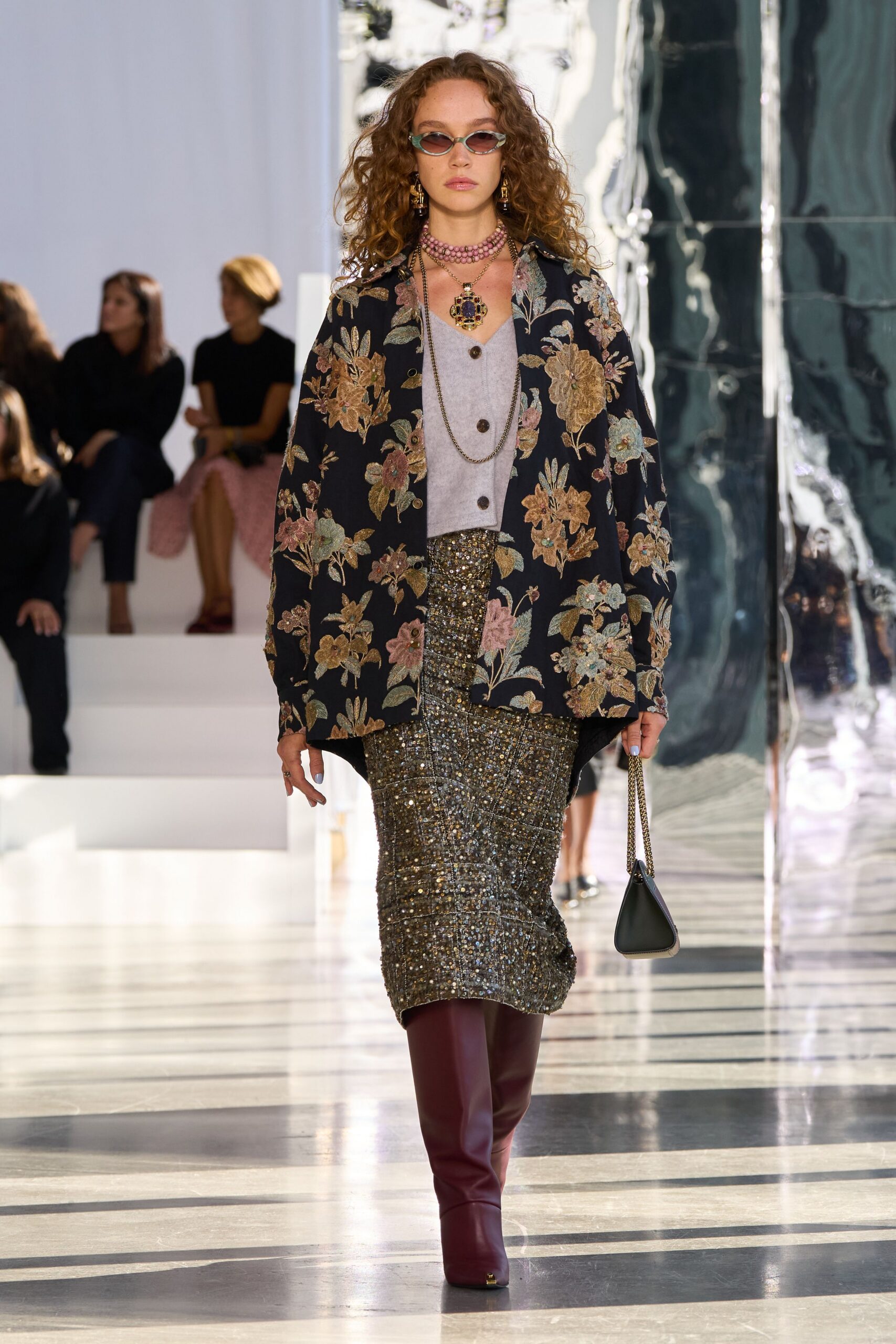 black brocade long-sleeve collared oversized floral embroidered jacket