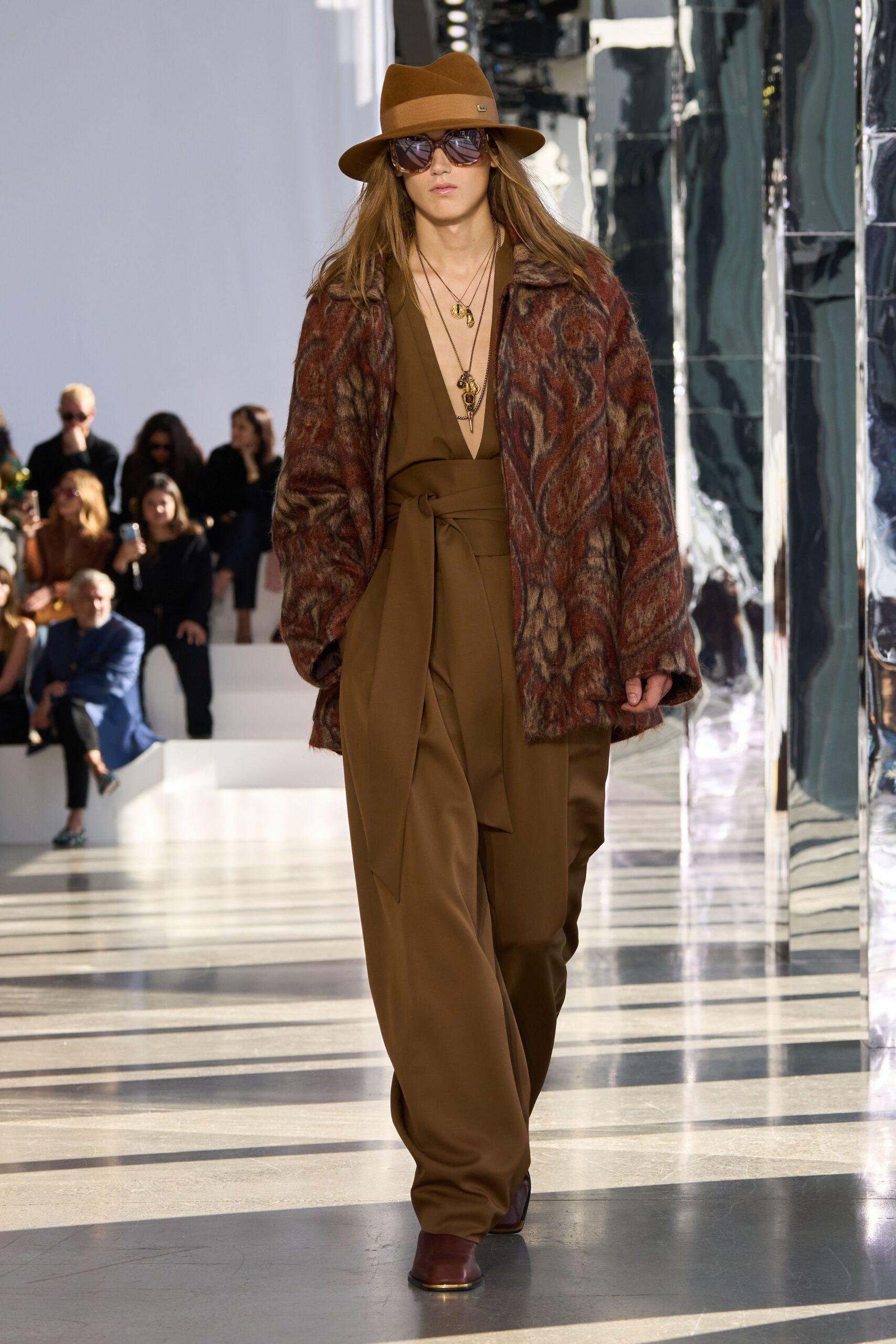 brown knit long-sleeve collared oversized printed textured jacket