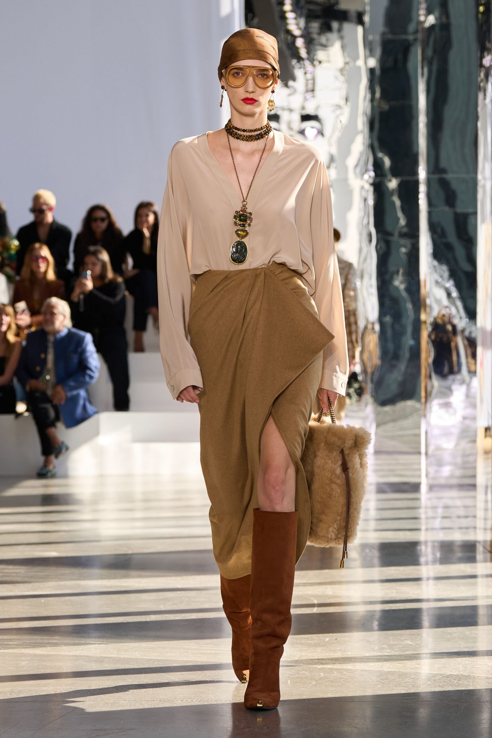 brown wool slit asymmetric draped maxi skirt