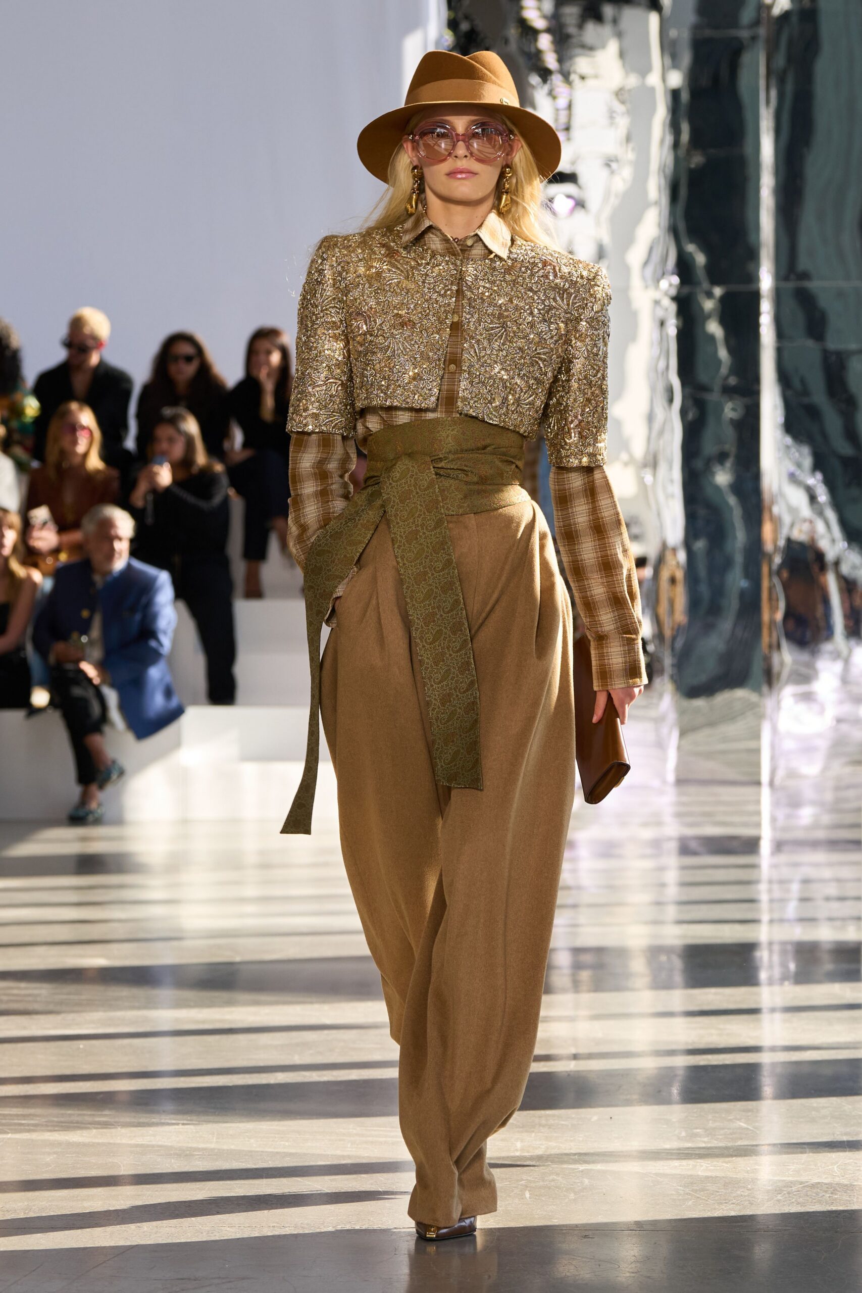brown wool high-waisted wide-leg belted pants