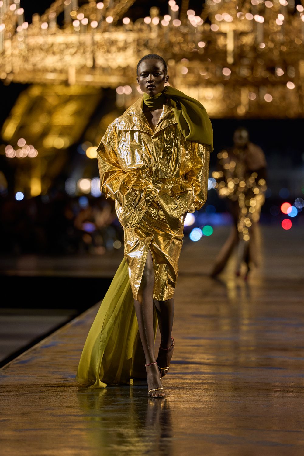 metallic draped scarf evening dress