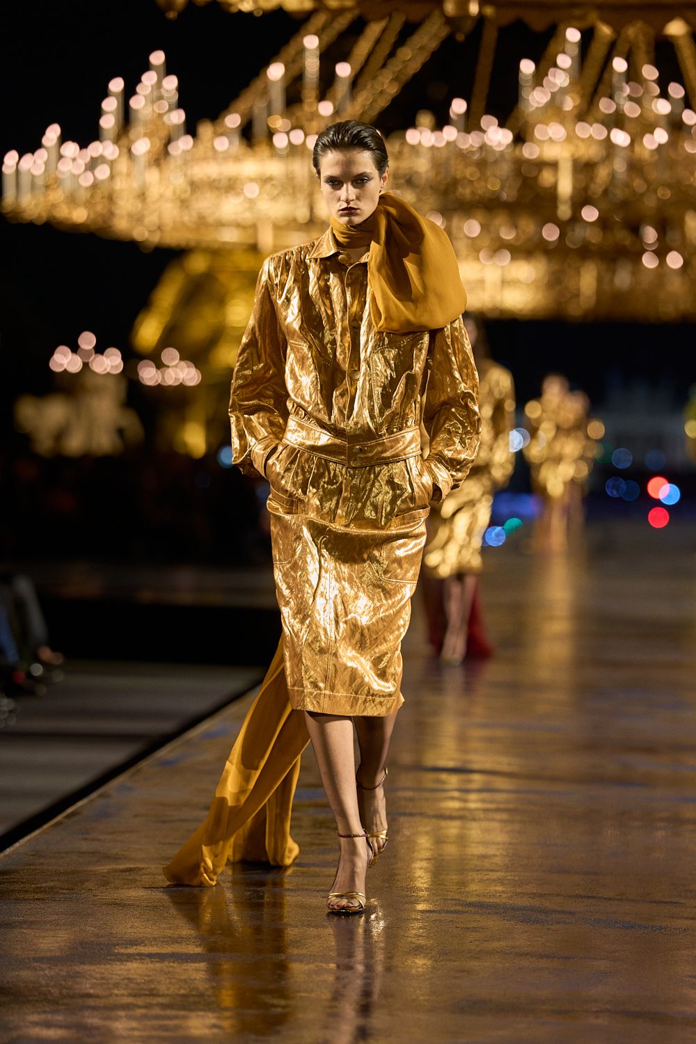 gold metallic belted shirt dress