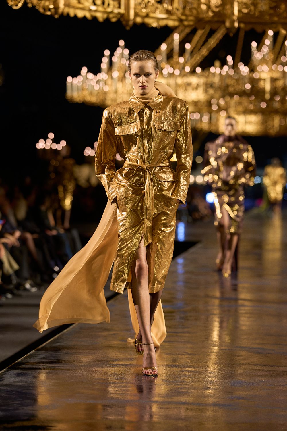 gold metallic belted shirt dress